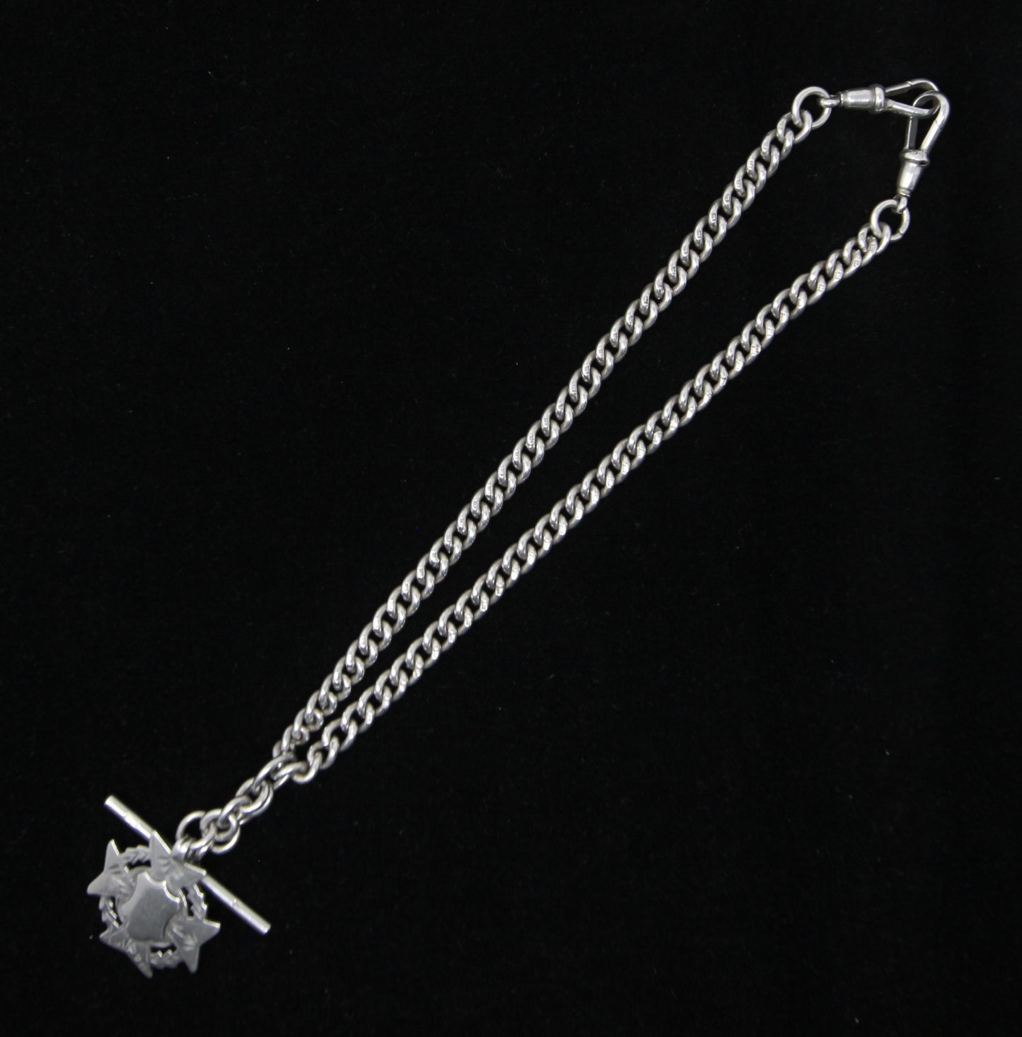 Antique 1889 Hallmarked Solid Sterling Silver Double Albert Curb Chain Star Fob 14.25'' 46g