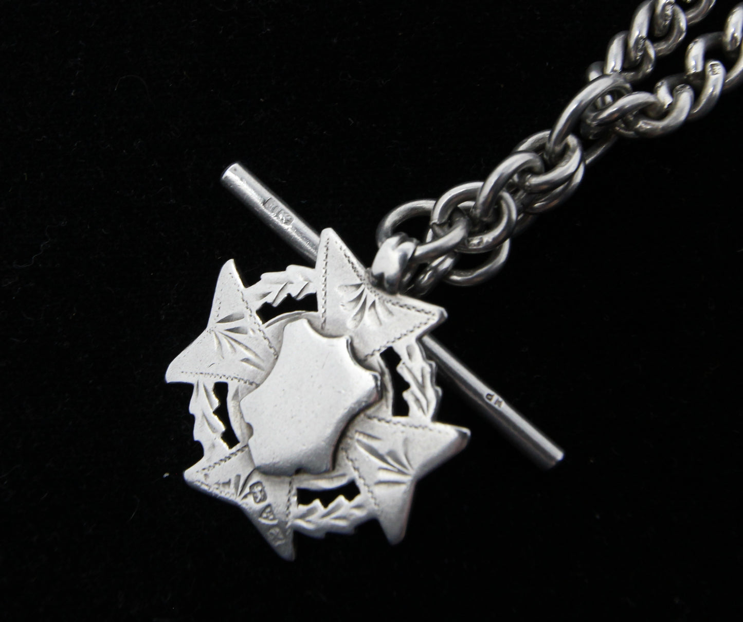 Antique 1889 Hallmarked Solid Sterling Silver Double Albert Curb Chain Star Fob 14.25'' 46g