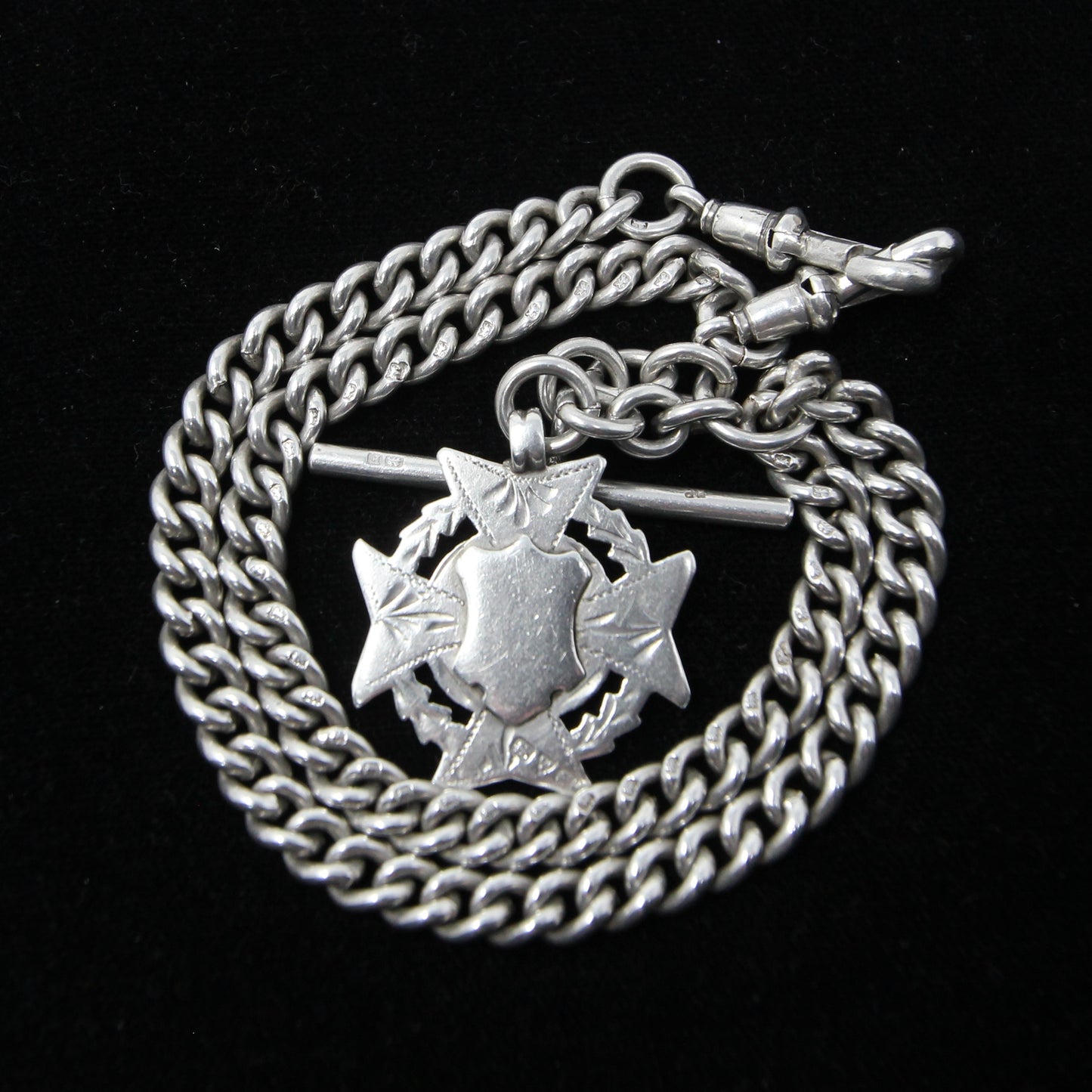 Antique 1889 Hallmarked Solid Sterling Silver Double Albert Curb Chain Star Fob 14.25'' 46g