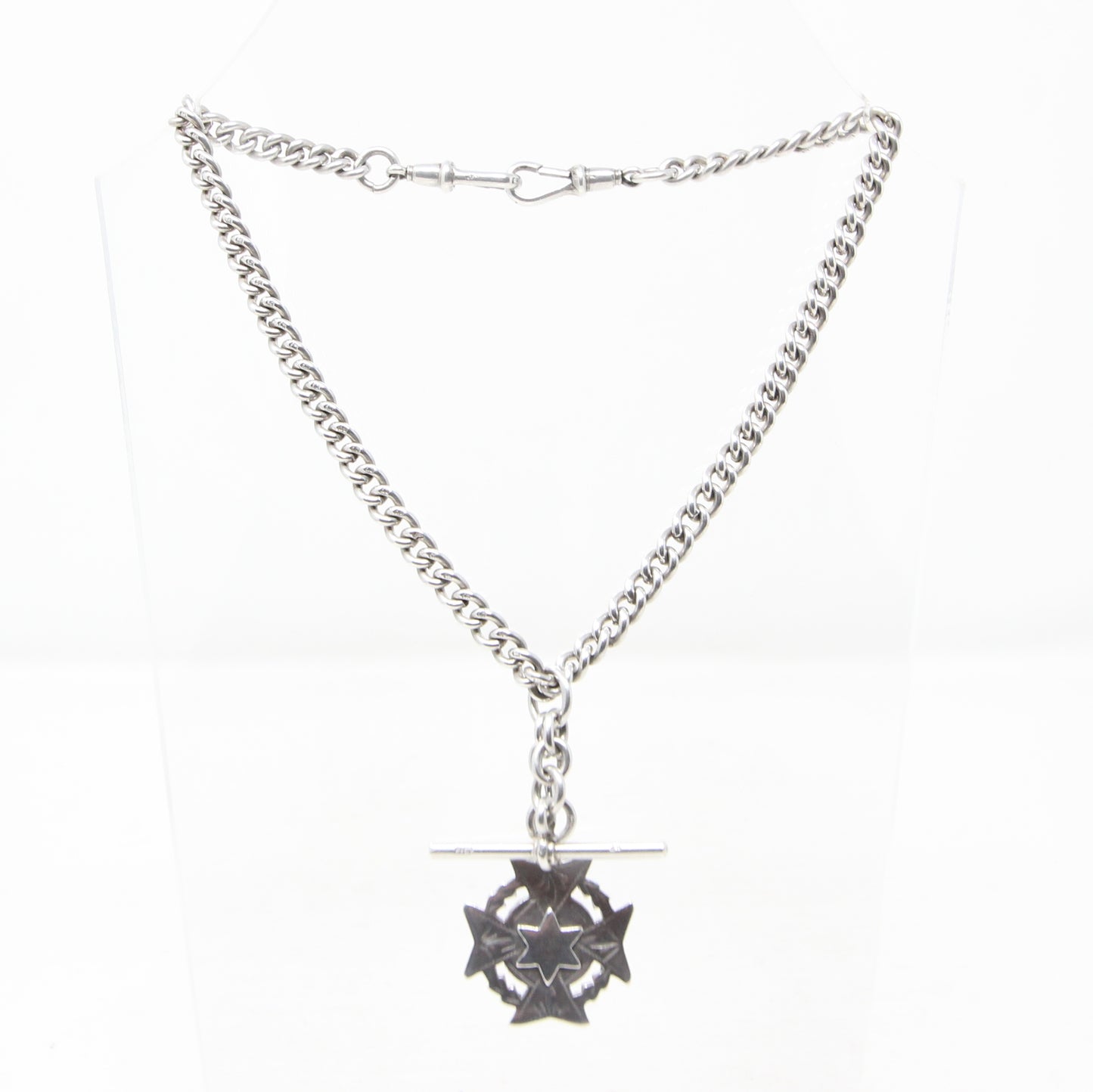 Antique 1889 Hallmarked Solid Sterling Silver Double Albert Curb Chain Star Fob 14.25'' 46g