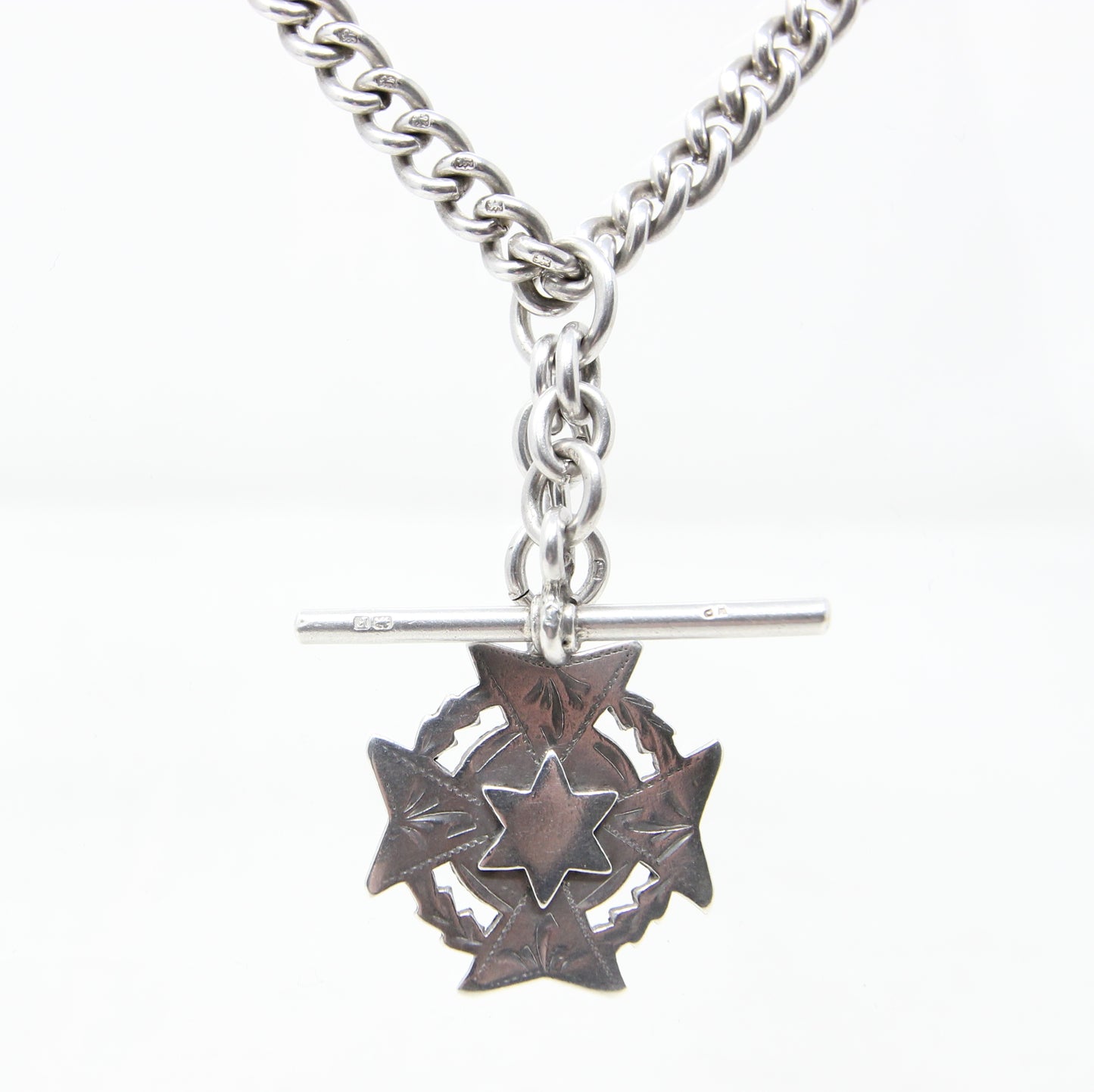 Antique 1889 Hallmarked Solid Sterling Silver Double Albert Curb Chain Star Fob 14.25'' 46g