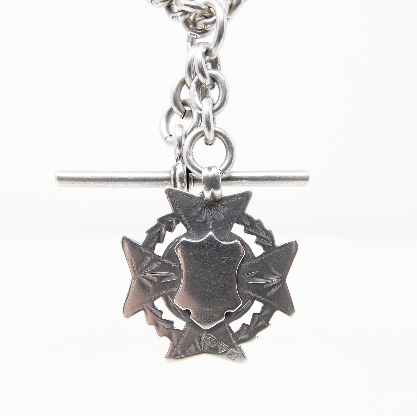 Antique 1889 Hallmarked Solid Sterling Silver Double Albert Curb Chain Star Fob 14.25'' 46g