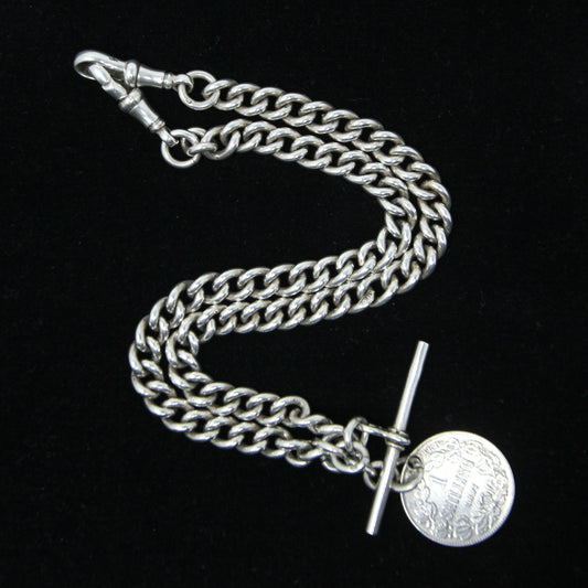 Antique 1919 Hallmarked Solid Sterling Silver Double Albert Curb Chain Coin Fob 15.3'' 57g