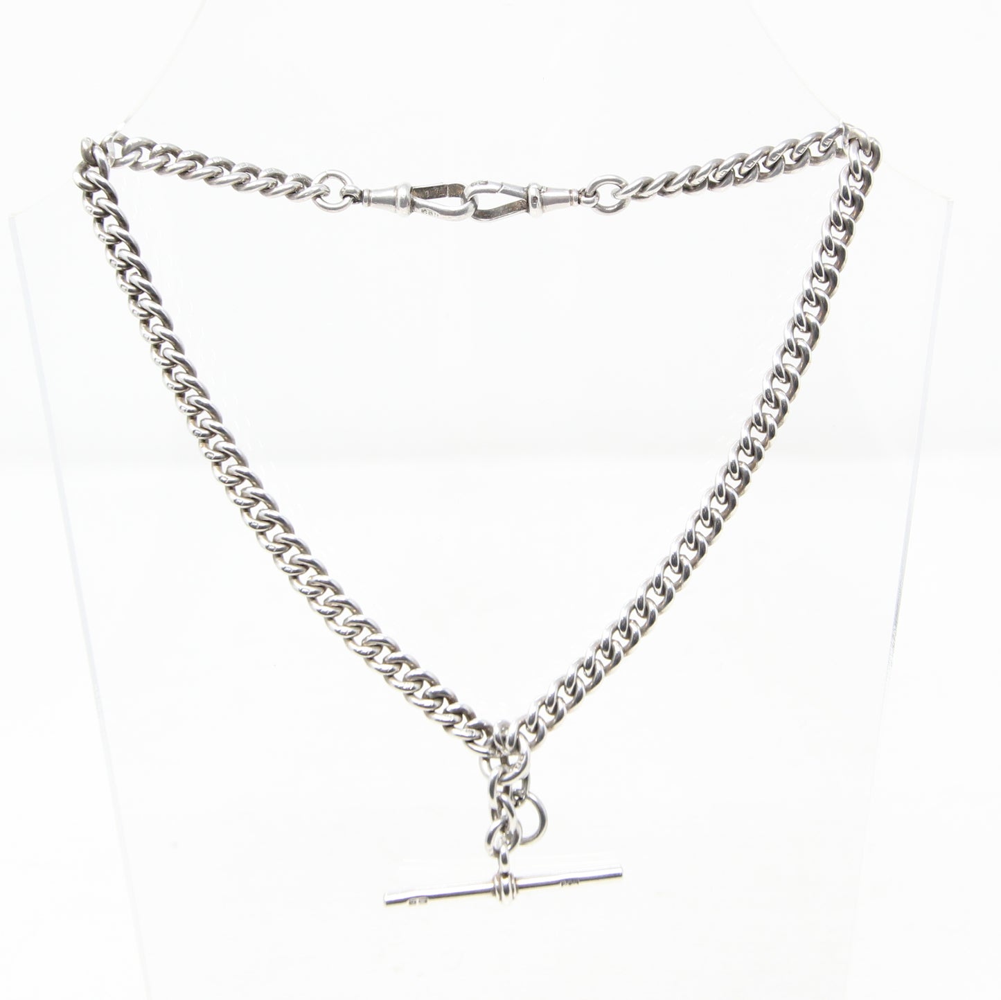 Antique 1914 Hallmarked Solid Sterling Silver Double Albert Curb Chain Necklace 14'' 38g