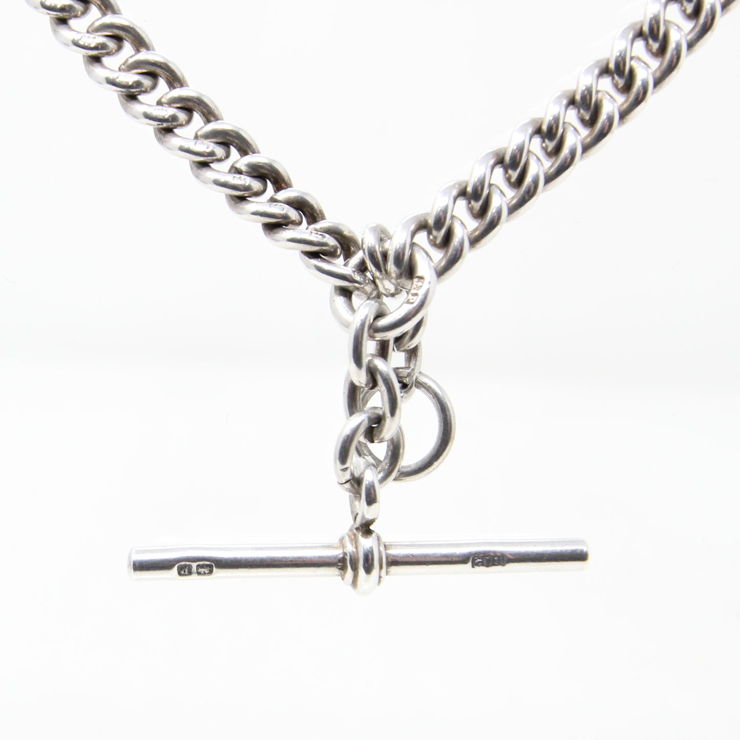 Antique 1914 Hallmarked Solid Sterling Silver Double Albert Curb Chain Necklace 14'' 38g