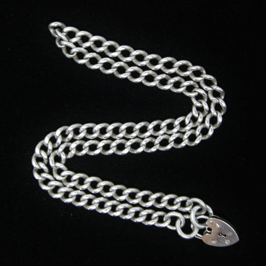Antique Hallmarked Solid Sterling Silver Albert Curb Chain Necklace Heart Padlock 19'' 48g