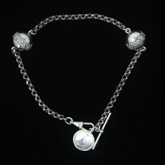 Antique Continental Solid Silver Albertina Fancy Link Sardonyx Coin Chain 11'' 17g