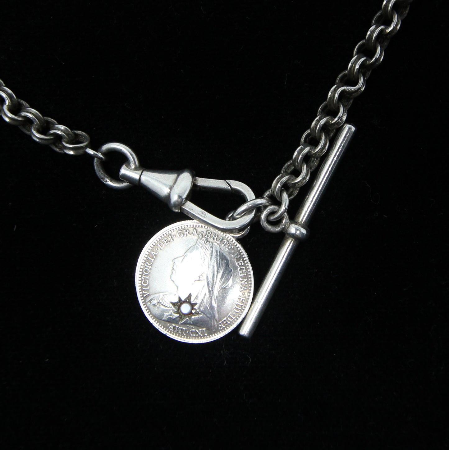 Antique Continental Solid Silver Albertina Fancy Link Sardonyx Coin Chain 11'' 17g