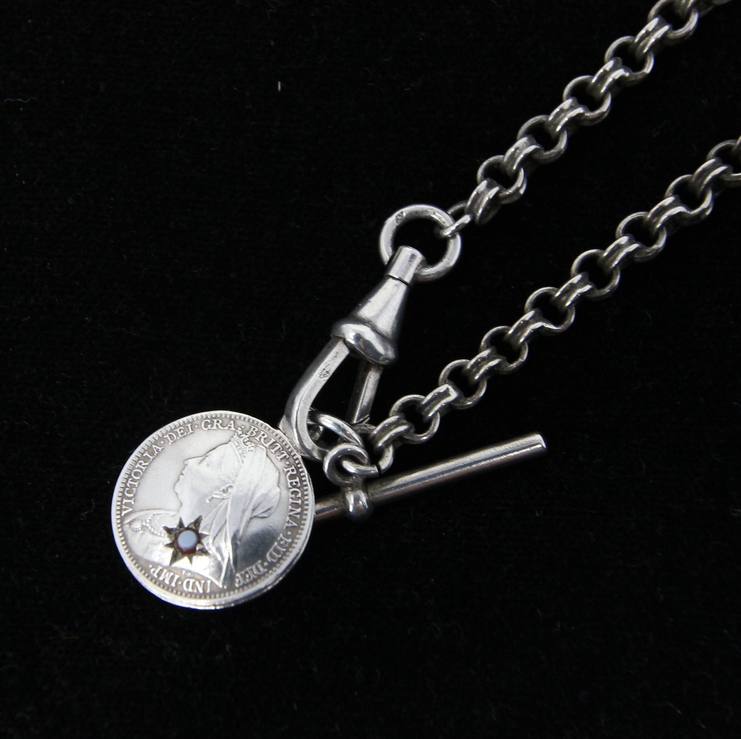 Antique Continental Solid Silver Albertina Fancy Link Sardonyx Coin Chain 11'' 17g