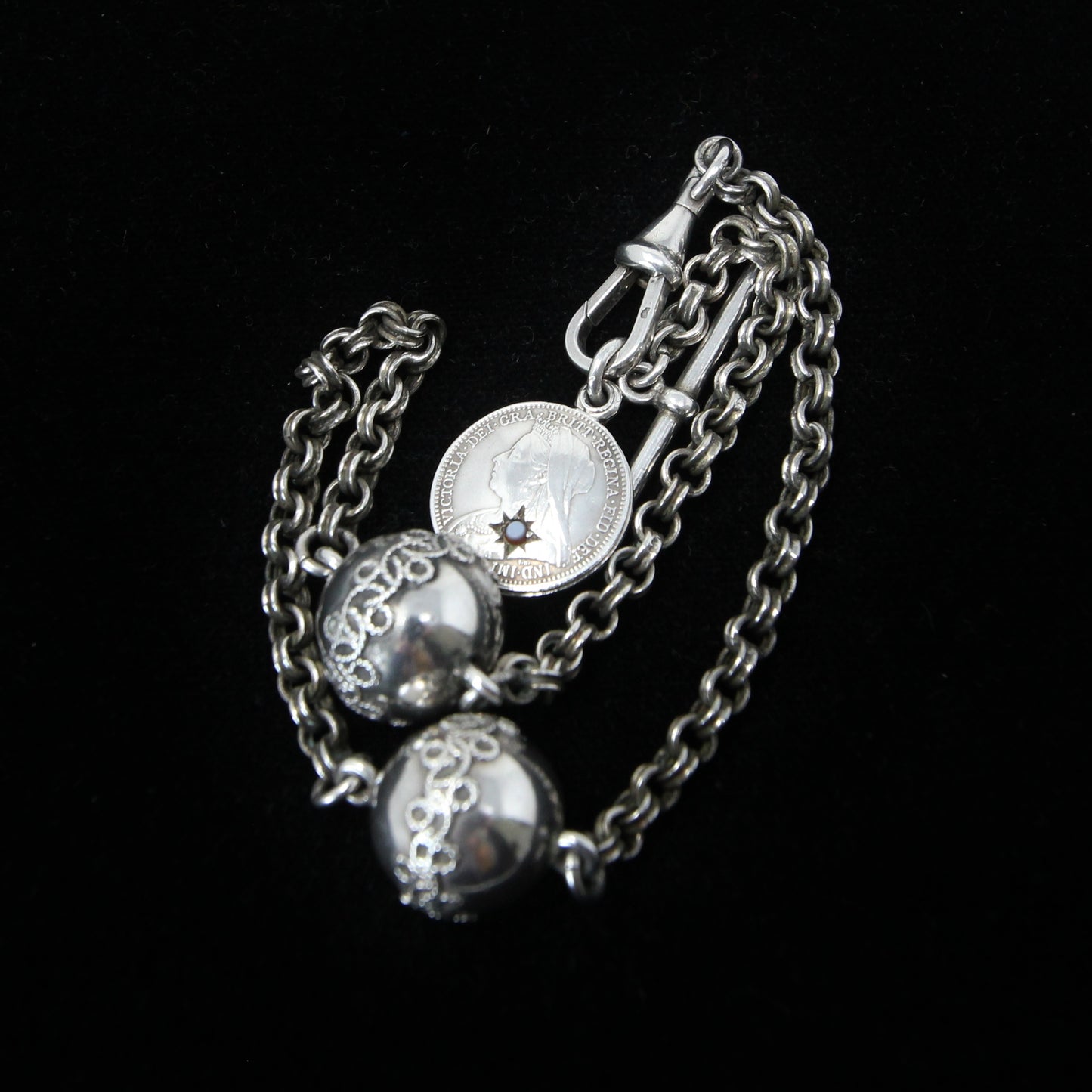 Antique Continental Solid Silver Albertina Fancy Link Sardonyx Coin Chain 11'' 17g