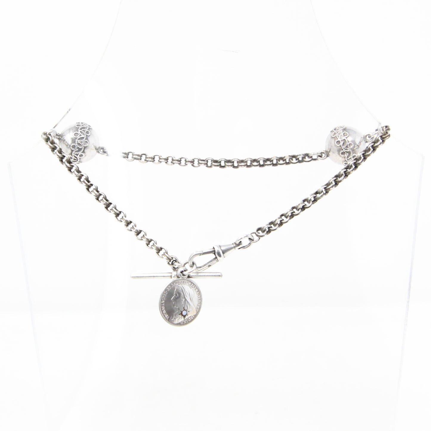 Antique Continental Solid Silver Albertina Fancy Link Sardonyx Coin Chain 11'' 17g