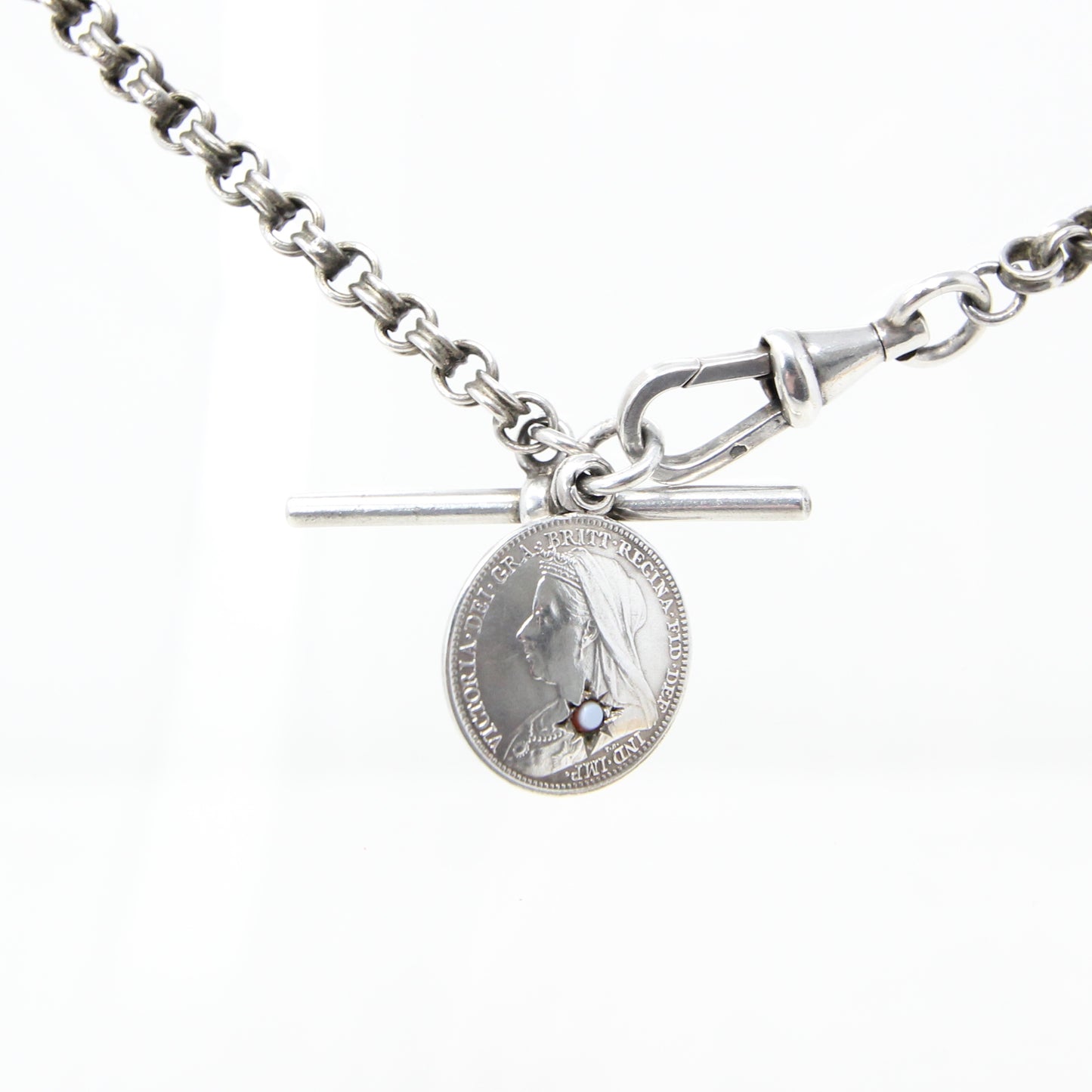 Antique Continental Solid Silver Albertina Fancy Link Sardonyx Coin Chain 11'' 17g