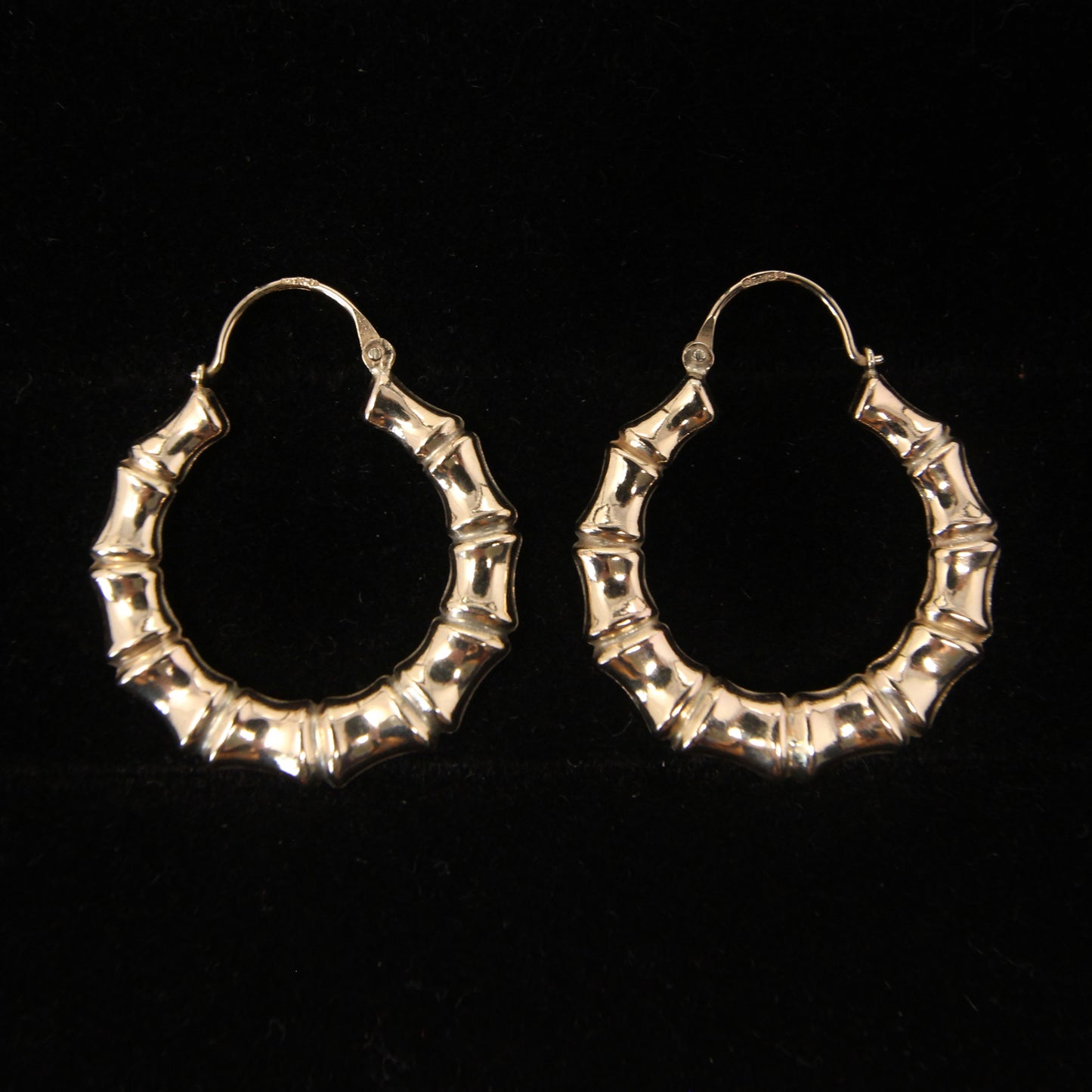 Vintage 1990 English Hallmarked Solid 9ct 9k Gold Large Bamboo Hoop Earrings Hoops