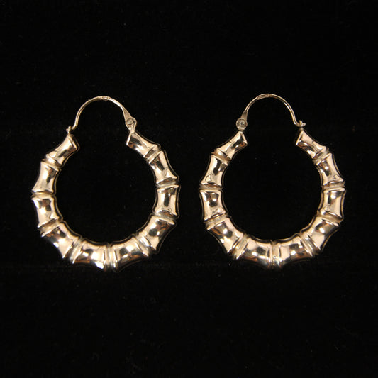 Vintage 1990 English Hallmarked Solid 9ct 9k Gold Large Bamboo Hoop Earrings Hoops