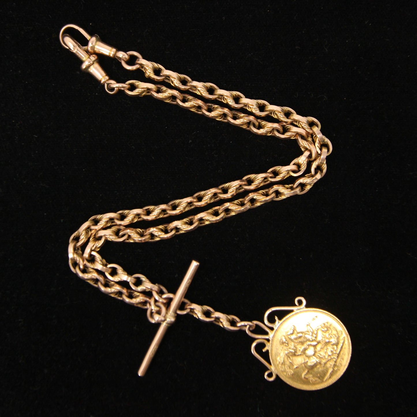 Antique Solid 9ct 9k Gold 22Ct Full Melbourne Sovereign Double Albert Lovers Knot Chain Necklace 14.25''
