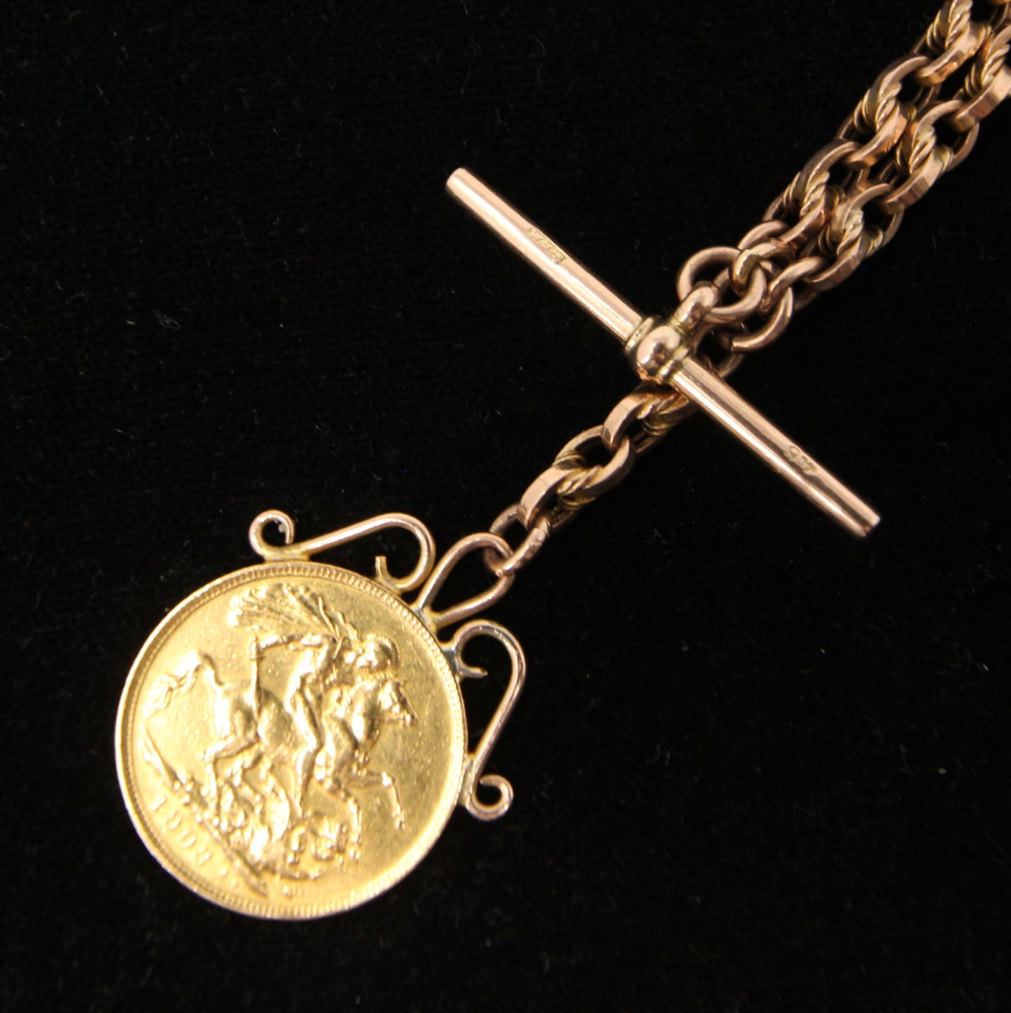 Antique Solid 9ct 9k Gold 22Ct Full Melbourne Sovereign Double Albert Lovers Knot Chain Necklace 14.25''