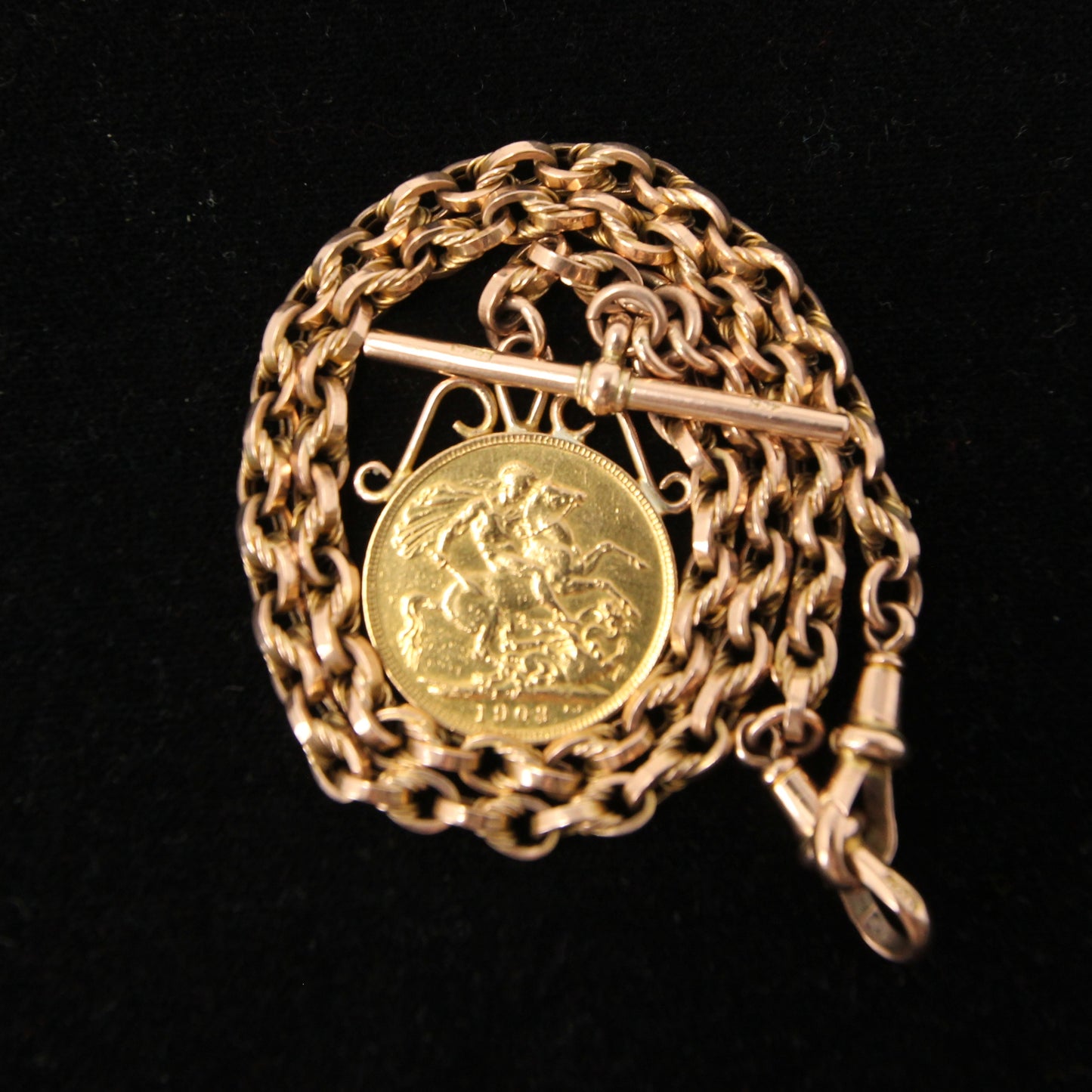 Antique Solid 9ct 9k Gold 22Ct Full Melbourne Sovereign Double Albert Lovers Knot Chain Necklace 14.25''