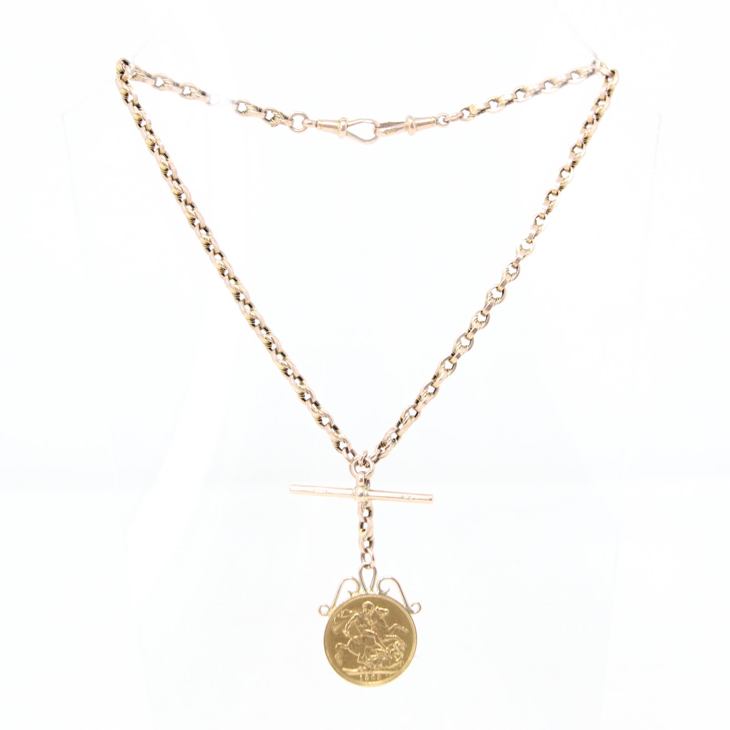 Antique Solid 9ct 9k Gold 22Ct Full Melbourne Sovereign Double Albert Lovers Knot Chain Necklace 14.25''