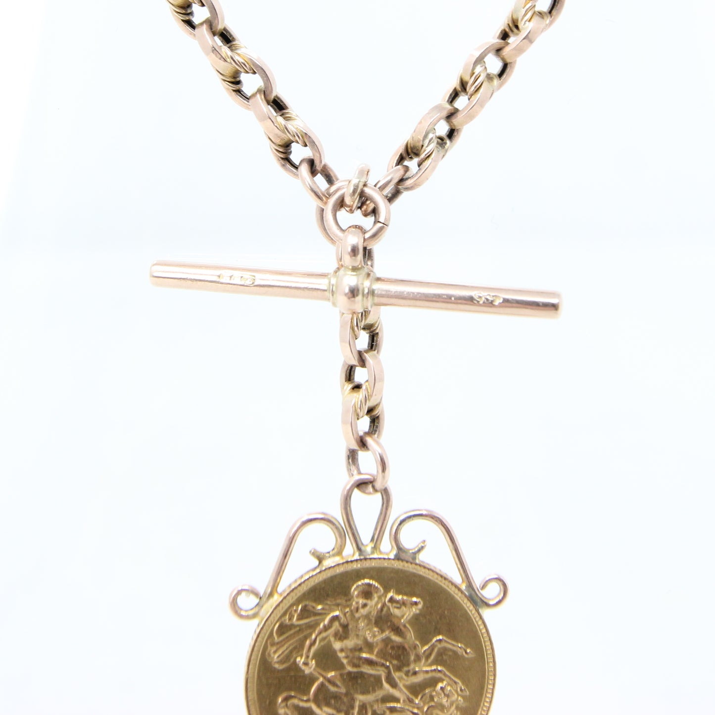 Antique Solid 9ct 9k Gold 22Ct Full Melbourne Sovereign Double Albert Lovers Knot Chain Necklace 14.25''