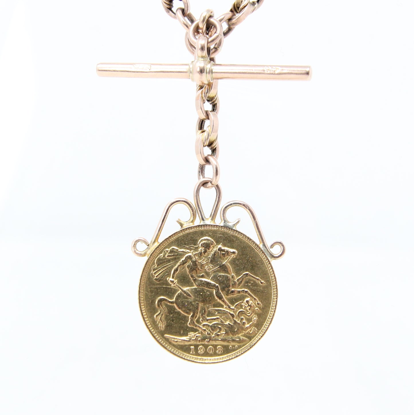 Antique Solid 9ct 9k Gold 22Ct Full Melbourne Sovereign Double Albert Lovers Knot Chain Necklace 14.25''