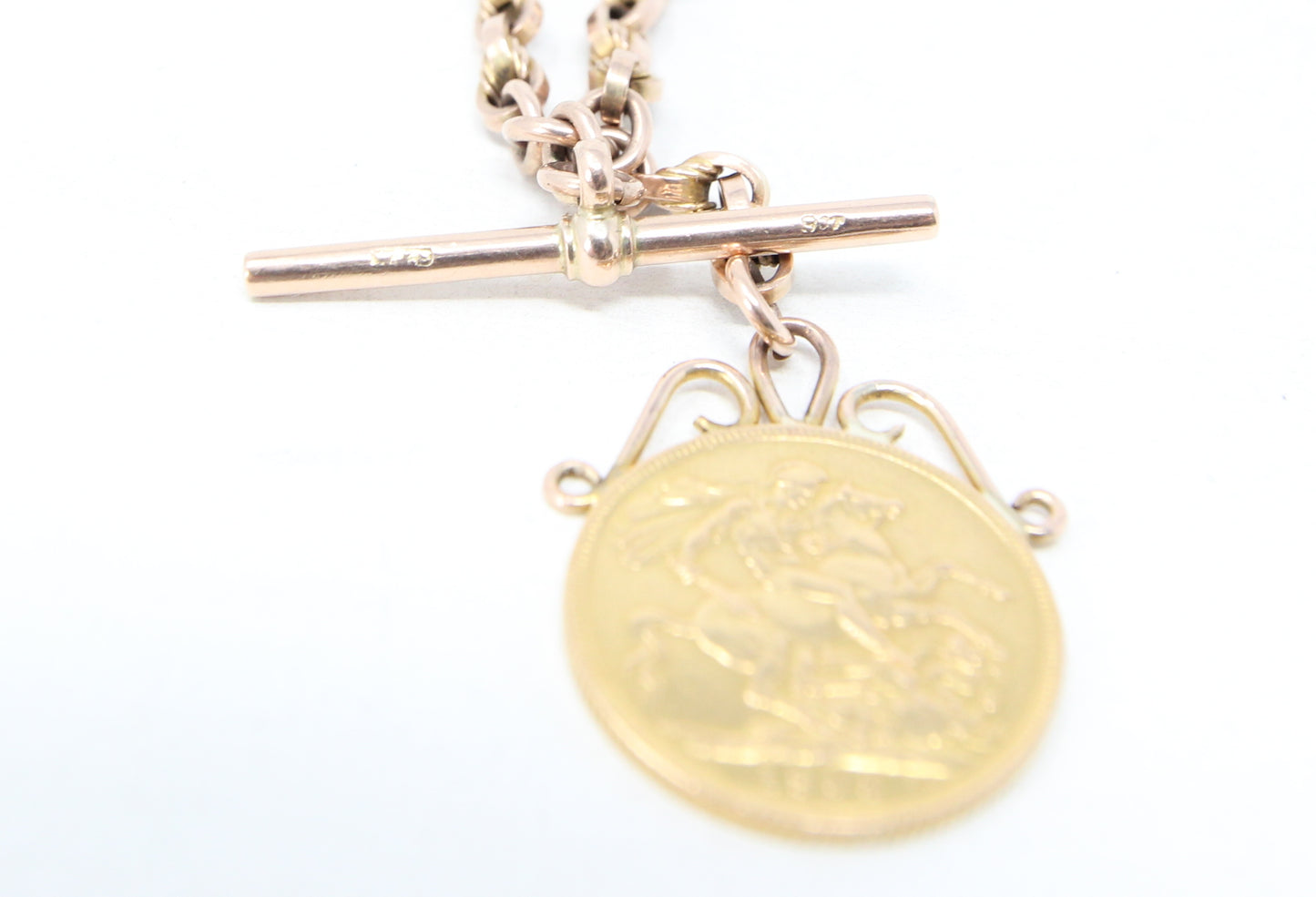 Antique Solid 9ct 9k Gold 22Ct Full Melbourne Sovereign Double Albert Lovers Knot Chain Necklace 14.25''