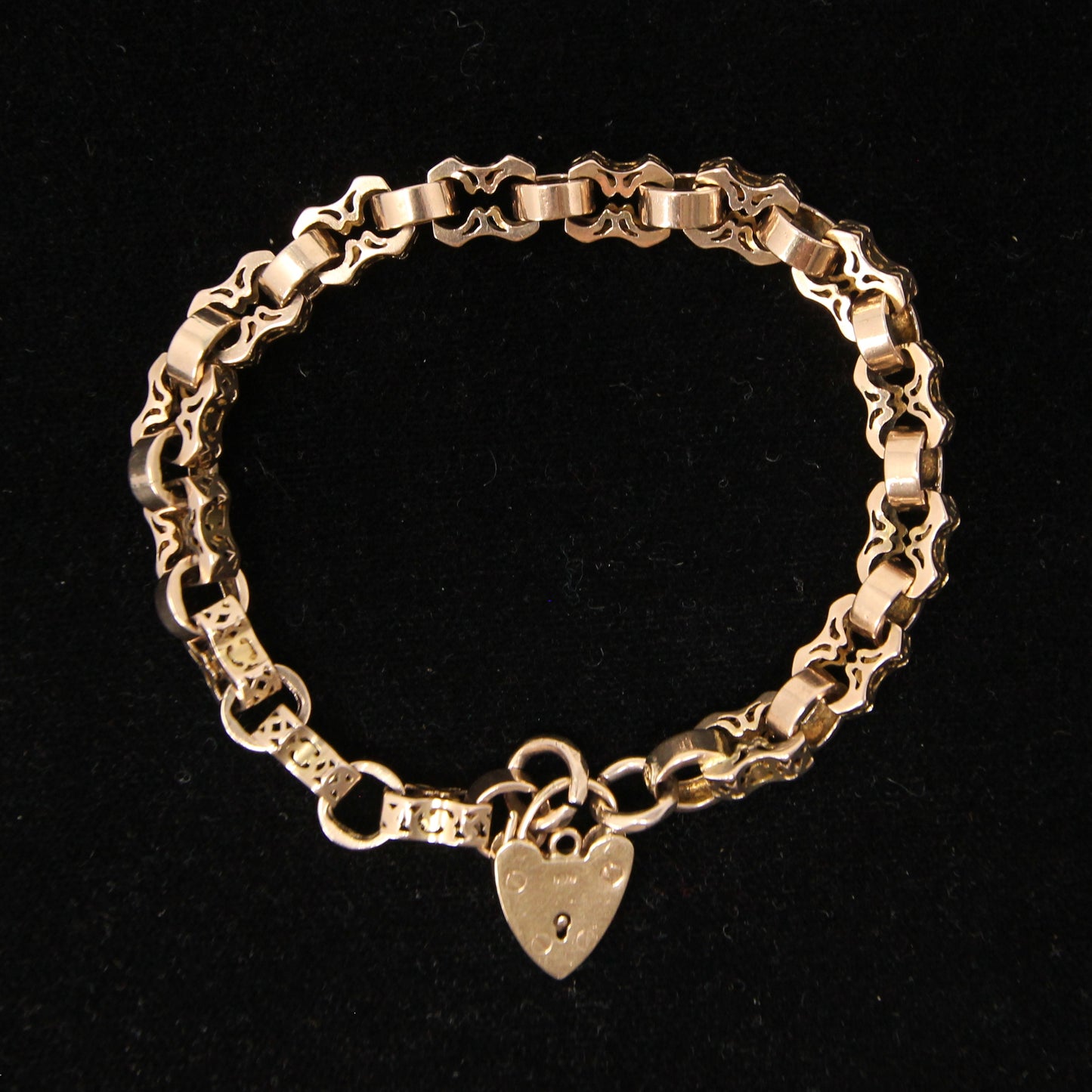 Antique Victorian Solid 9ct 9k Gold Fancy Belcher Chain Bracelet Extender Heart Padlock 7.75''