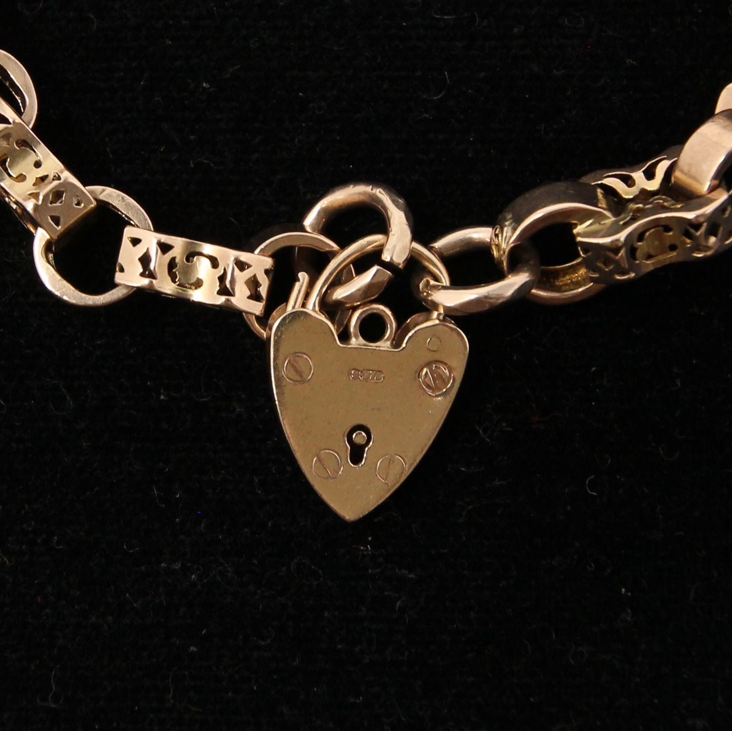 Antique Victorian Solid 9ct 9k Gold Fancy Belcher Chain Bracelet Extender Heart Padlock 7.75''