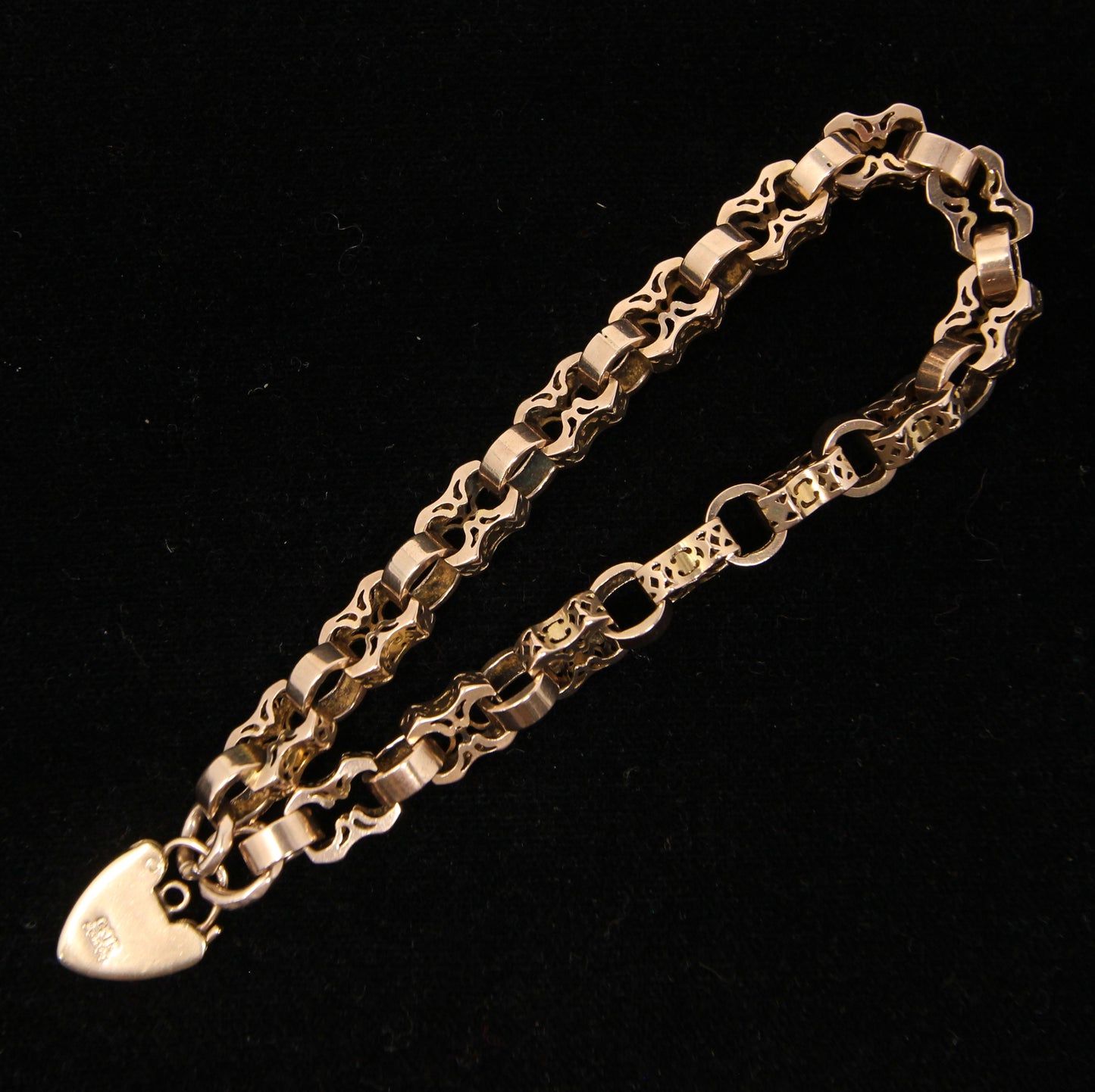 Antique Victorian Solid 9ct 9k Gold Fancy Belcher Chain Bracelet Extender Heart Padlock 7.75''