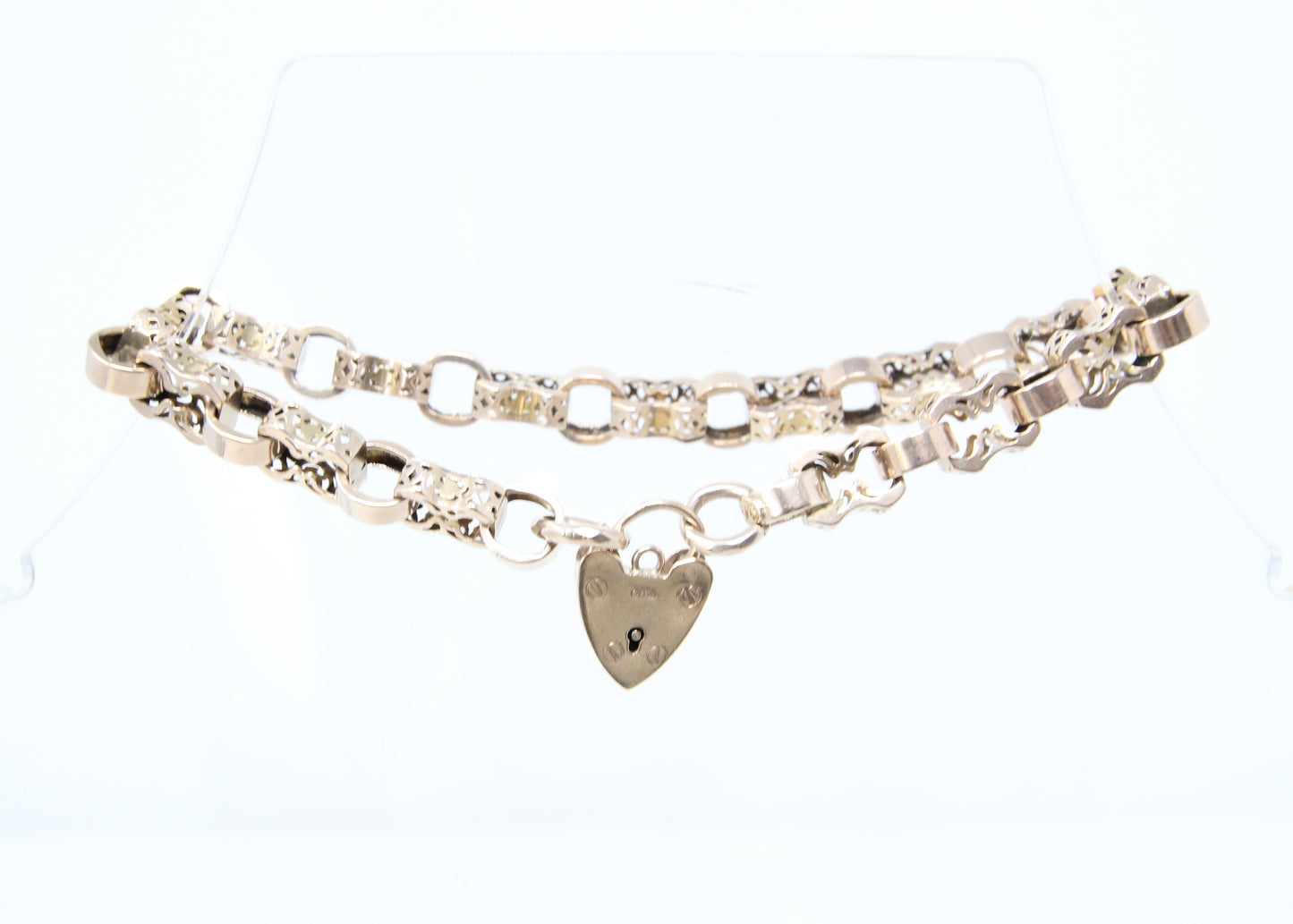 Antique Victorian Solid 9ct 9k Gold Fancy Belcher Chain Bracelet Extender Heart Padlock 7.75''