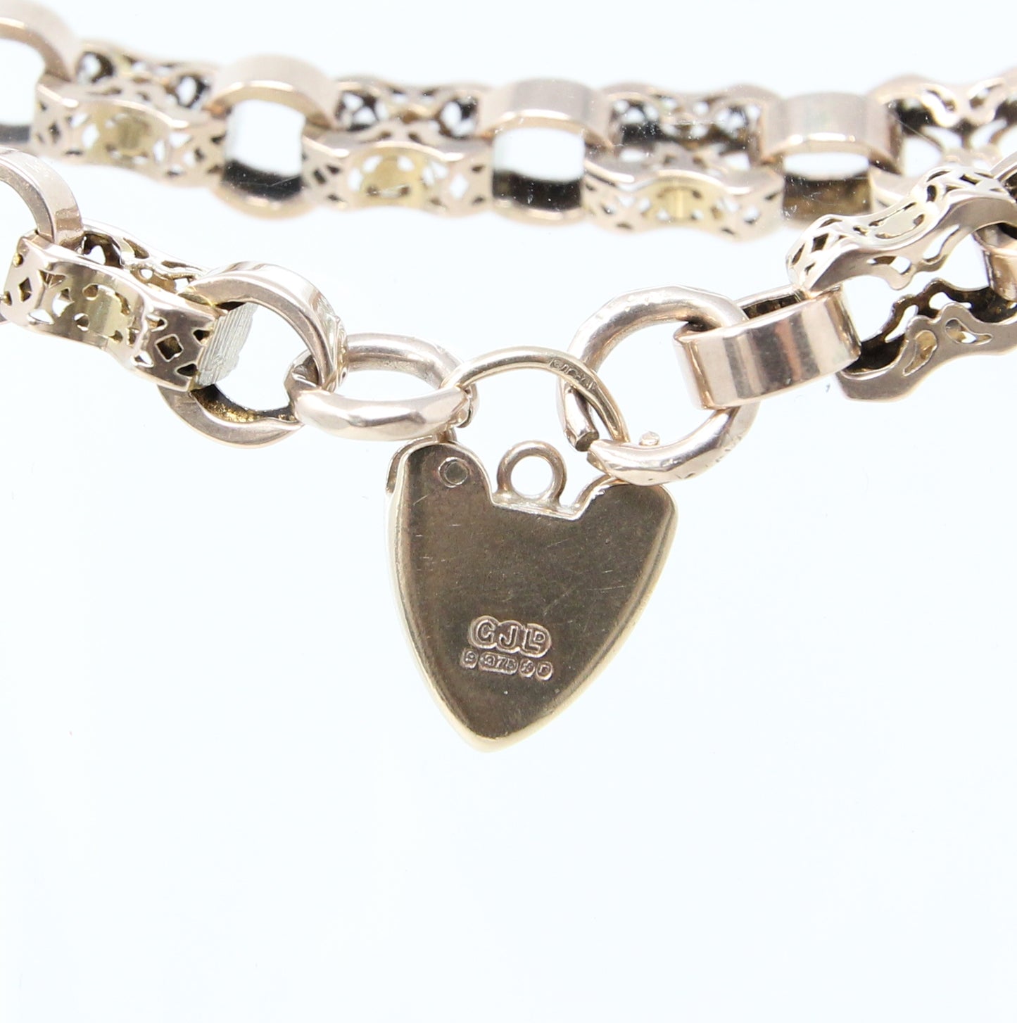 Antique Victorian Solid 9ct 9k Gold Fancy Belcher Chain Bracelet Extender Heart Padlock 7.75''