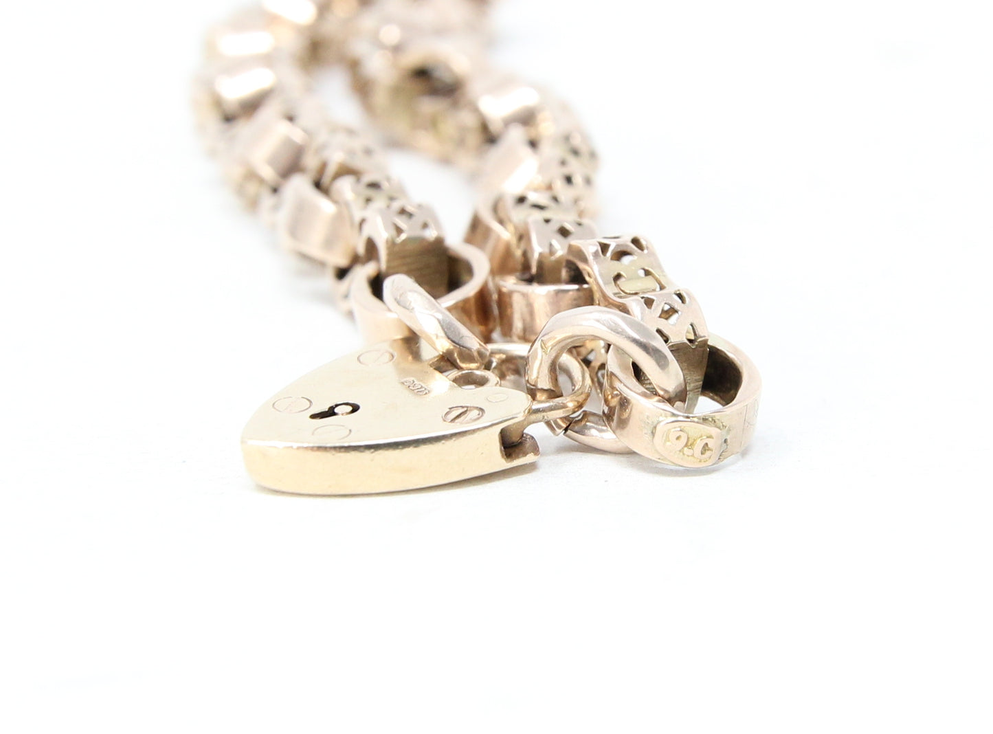 Antique Victorian Solid 9ct 9k Gold Fancy Belcher Chain Bracelet Extender Heart Padlock 7.75''