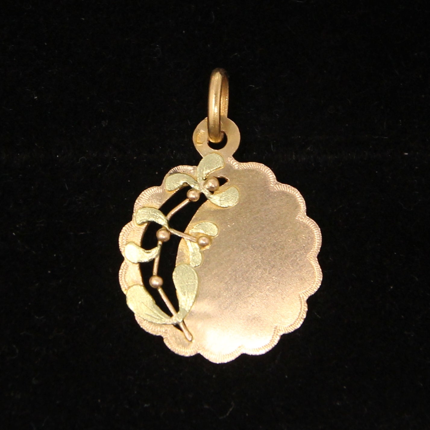 Antique French Hallmarked Solid 18ct 18k Gold Green Mistletoe Medallion Coin Pendant