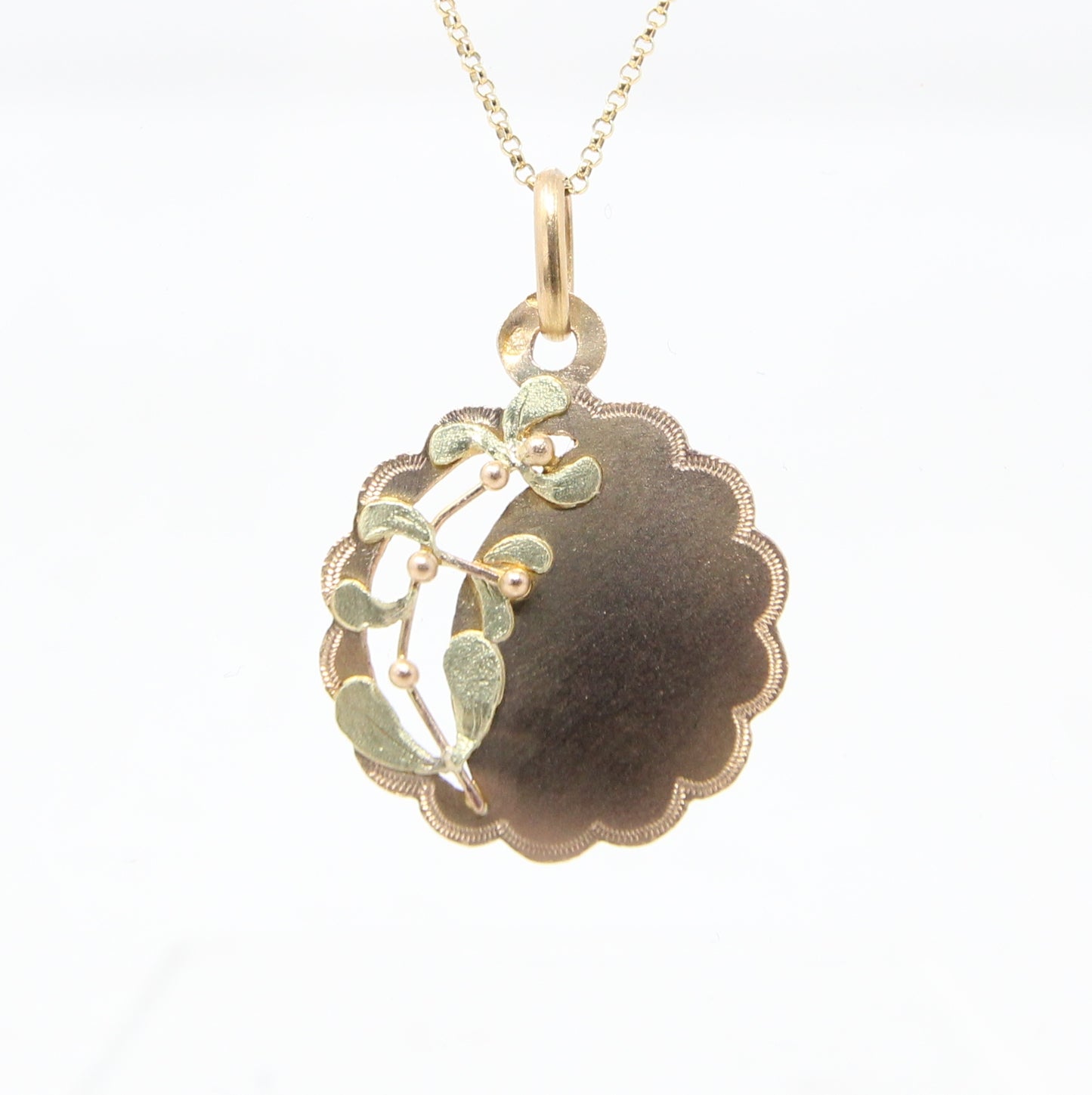 Antique French Hallmarked Solid 18ct 18k Gold Green Mistletoe Medallion Coin Pendant