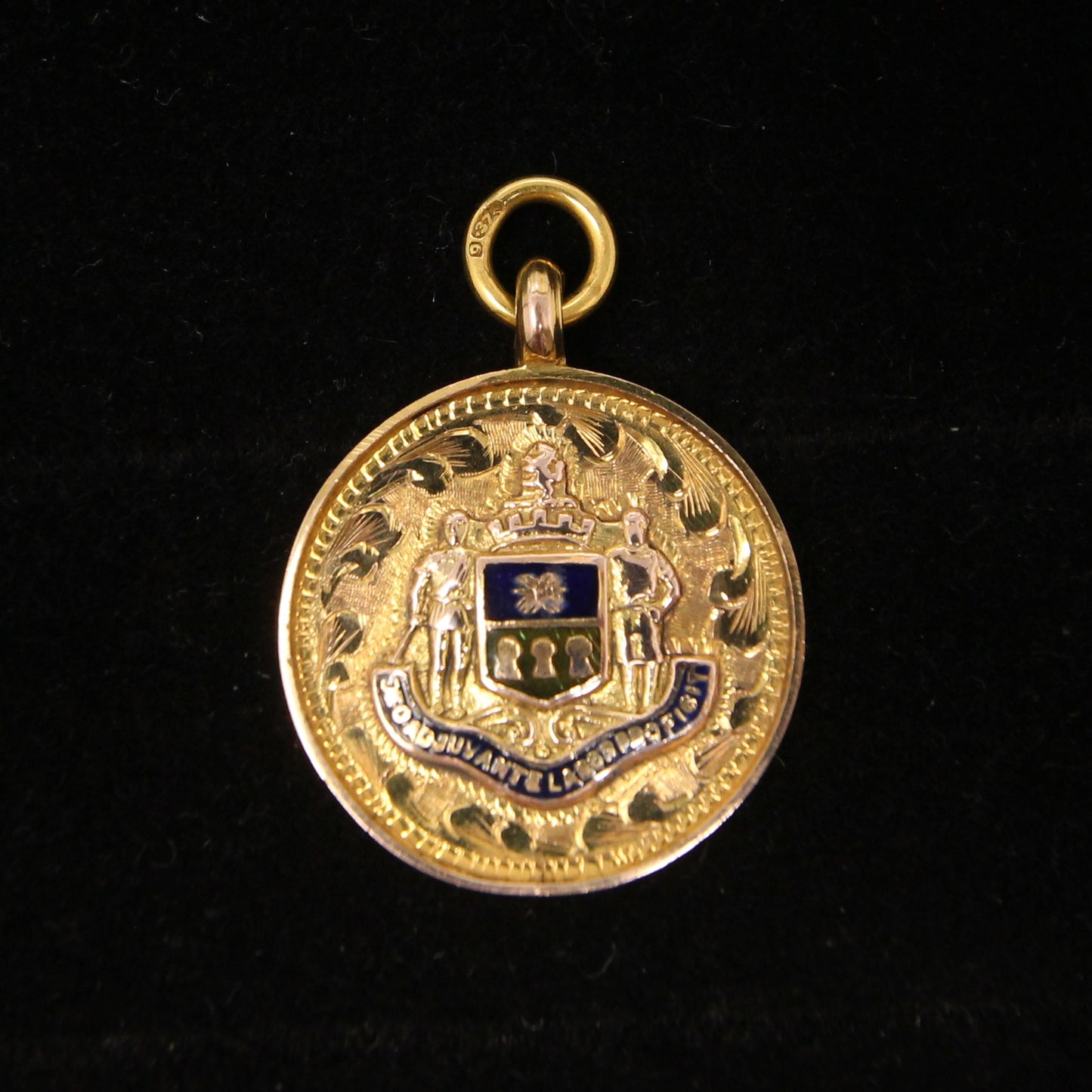 Antique 1853 English Hallmarked Solid 9ct 9k Gold 18ct Gilded Blue Enamel Watch Fob Medallion Pendant