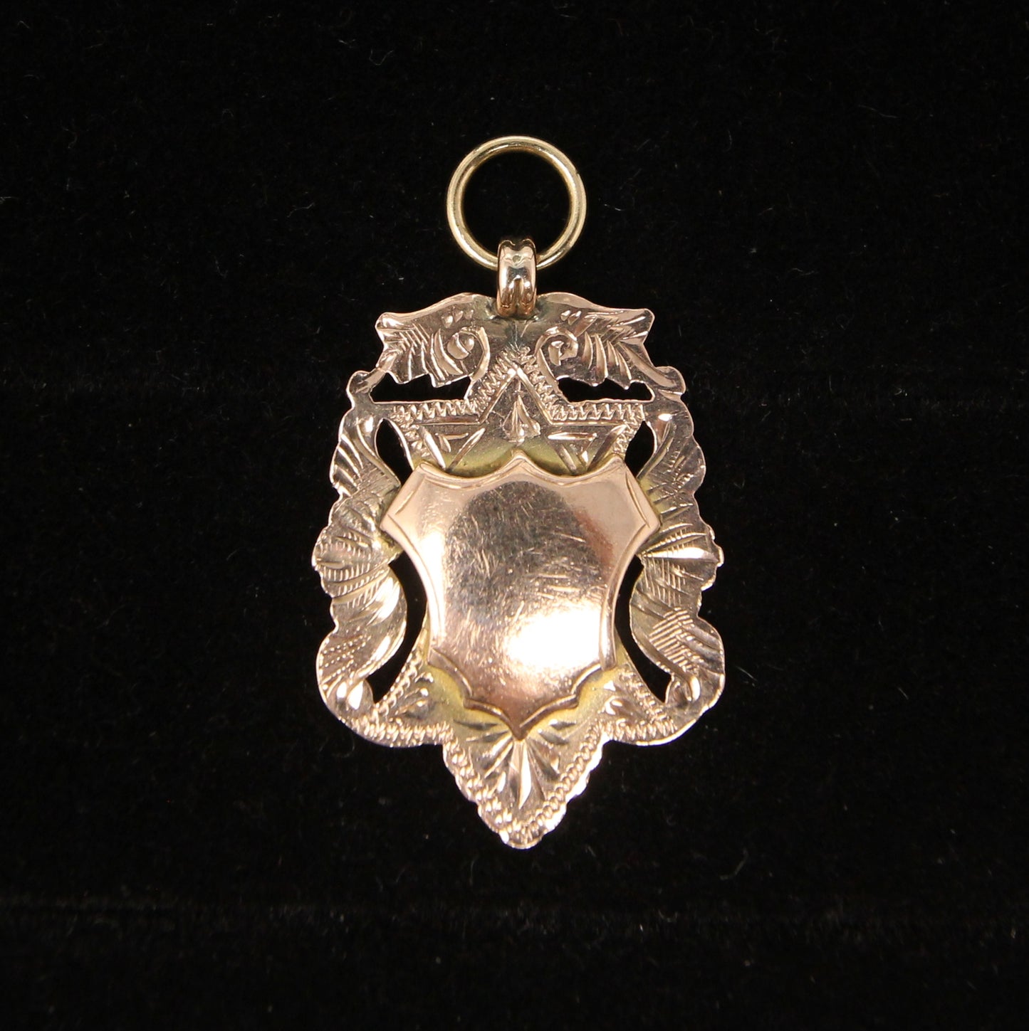 Antique 1907 English Hallmarked Solid 9ct 9k Rose Gold Shield Watch Fob Medallion Pendant