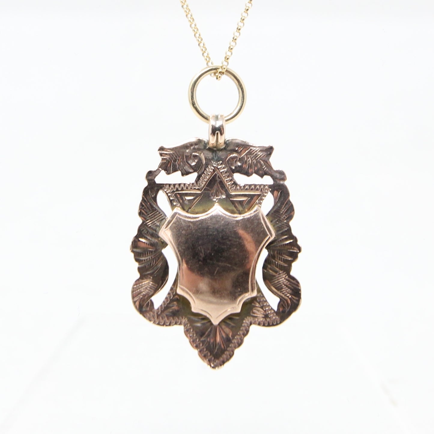 Antique 1907 English Hallmarked Solid 9ct 9k Rose Gold Shield Watch Fob Medallion Pendant