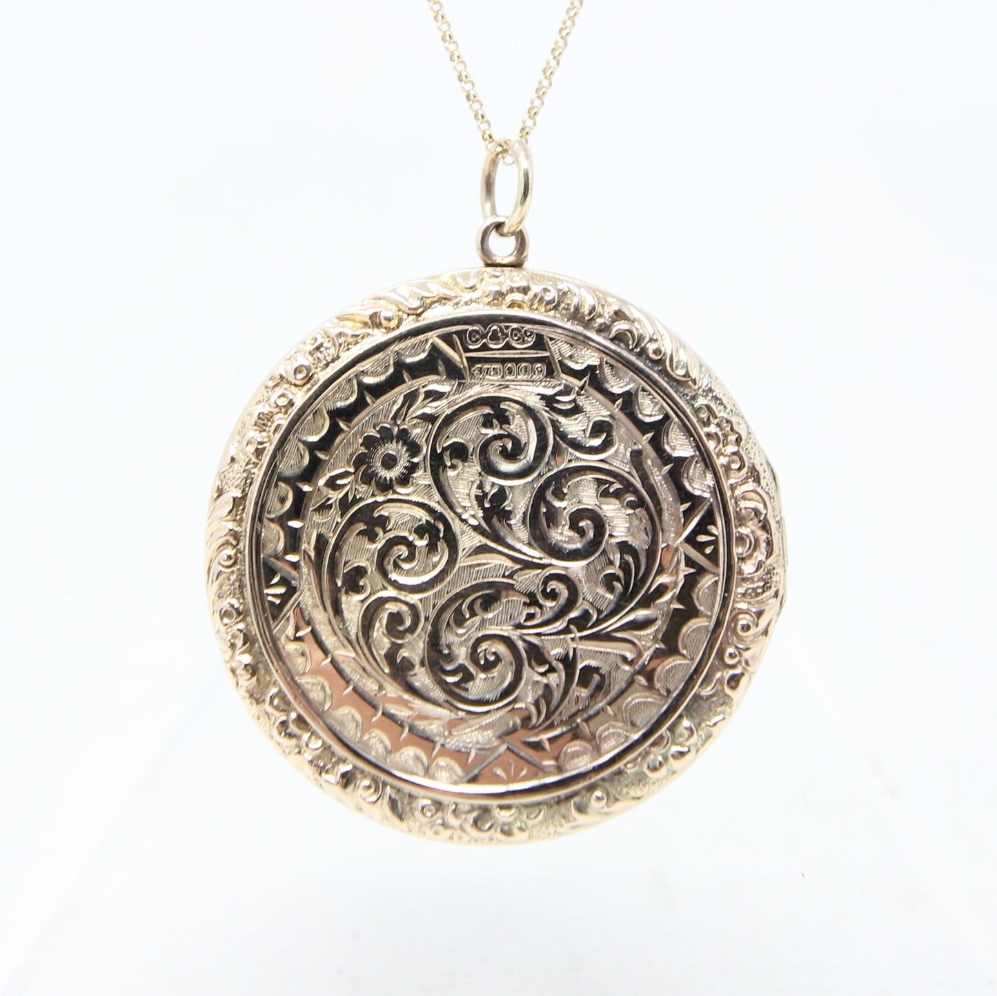 Antique 1914 English Hallmarked Solid 9ct 9k Gold Large Engraved Locket Pendant