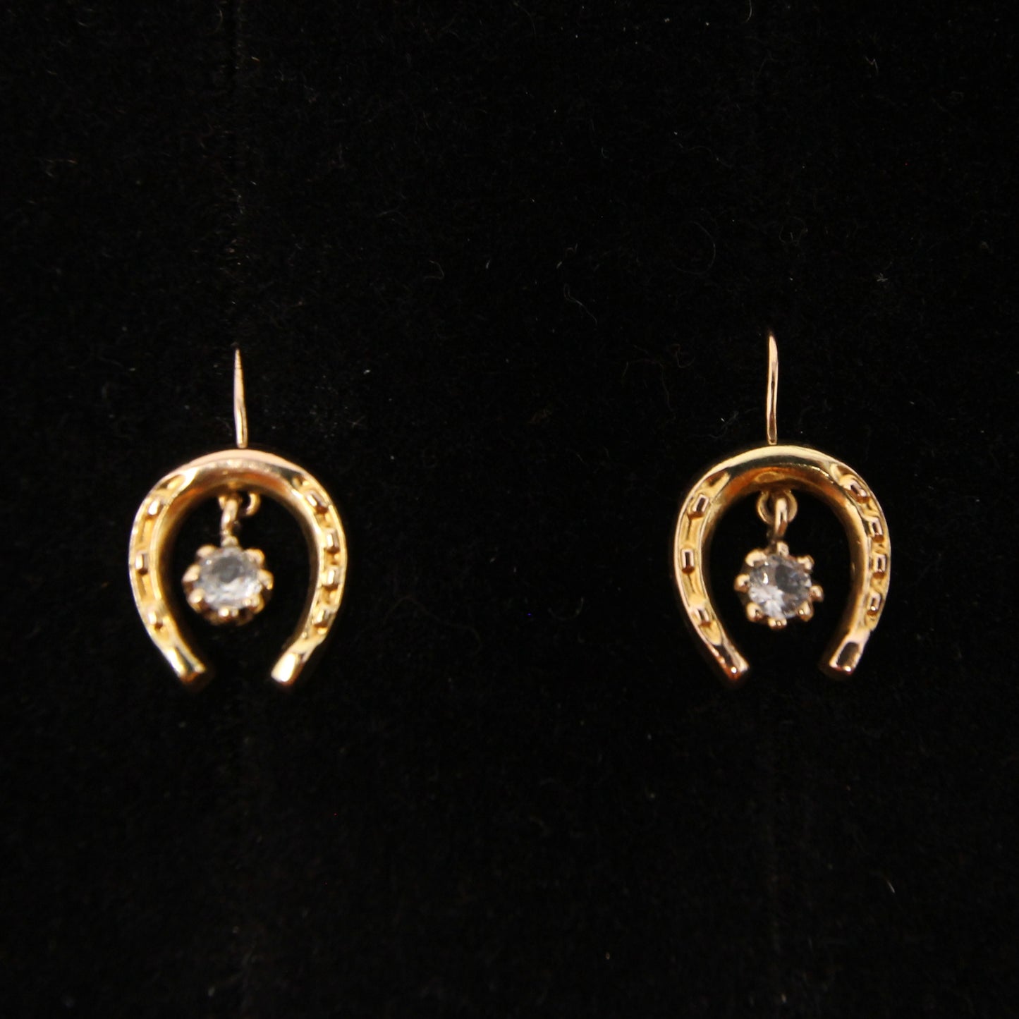 Vintage Solid 9ct 9k Gold Horse Shoe Glass Crystal Hook Earrings