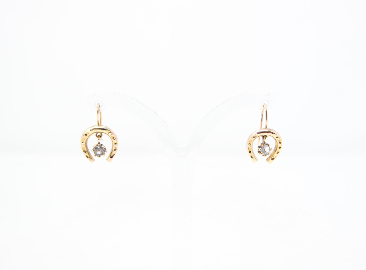 Vintage Solid 9ct 9k Gold Horse Shoe Glass Crystal Hook Earrings