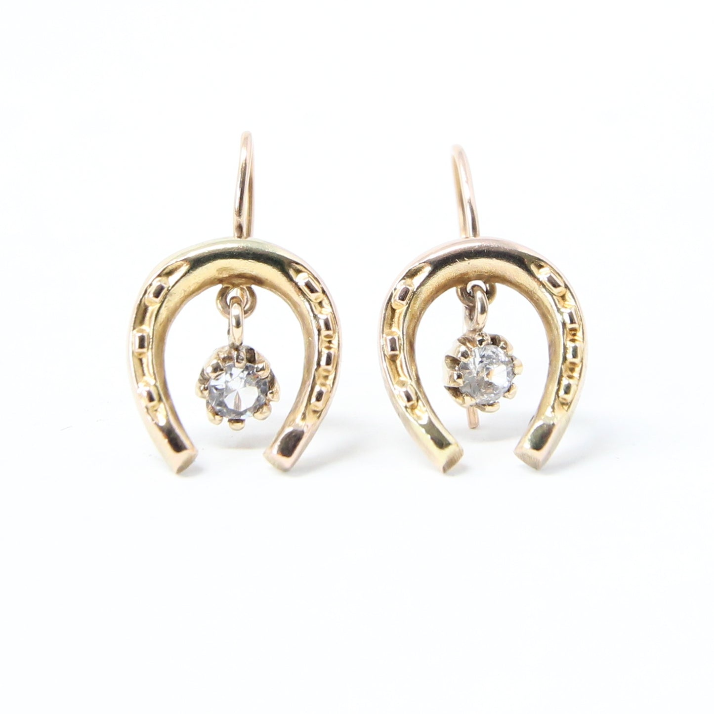 Vintage Solid 9ct 9k Gold Horse Shoe Glass Crystal Hook Earrings