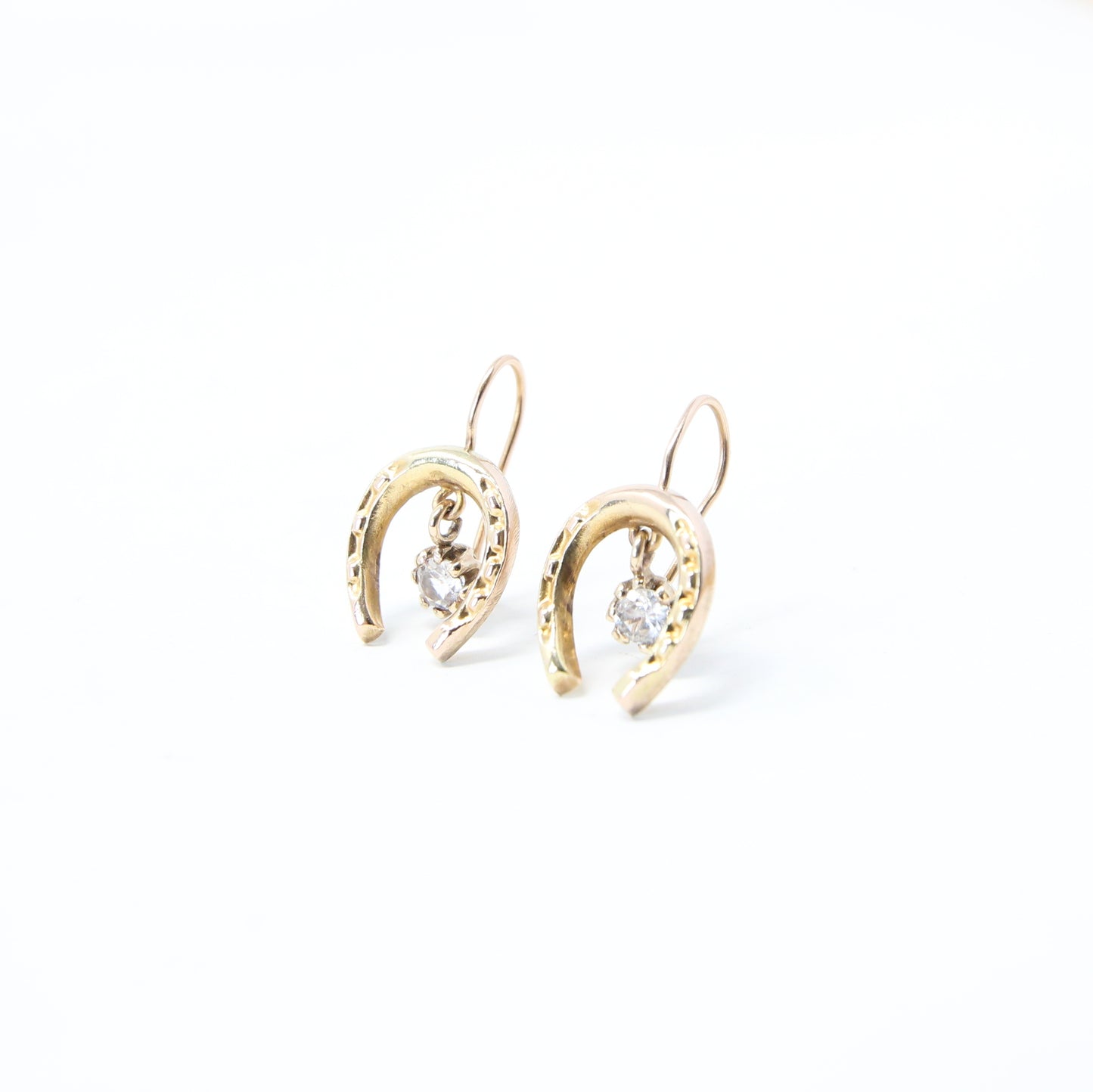 Vintage Solid 9ct 9k Gold Horse Shoe Glass Crystal Hook Earrings