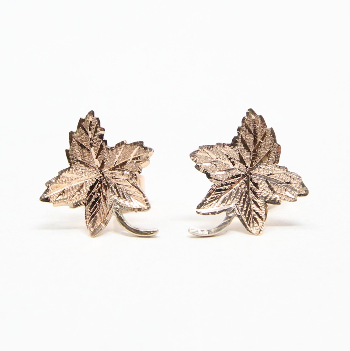 Vintage Hallmarked Solid 14ct 14k Rose Gold 585 Maple Leaf Stud Earrings