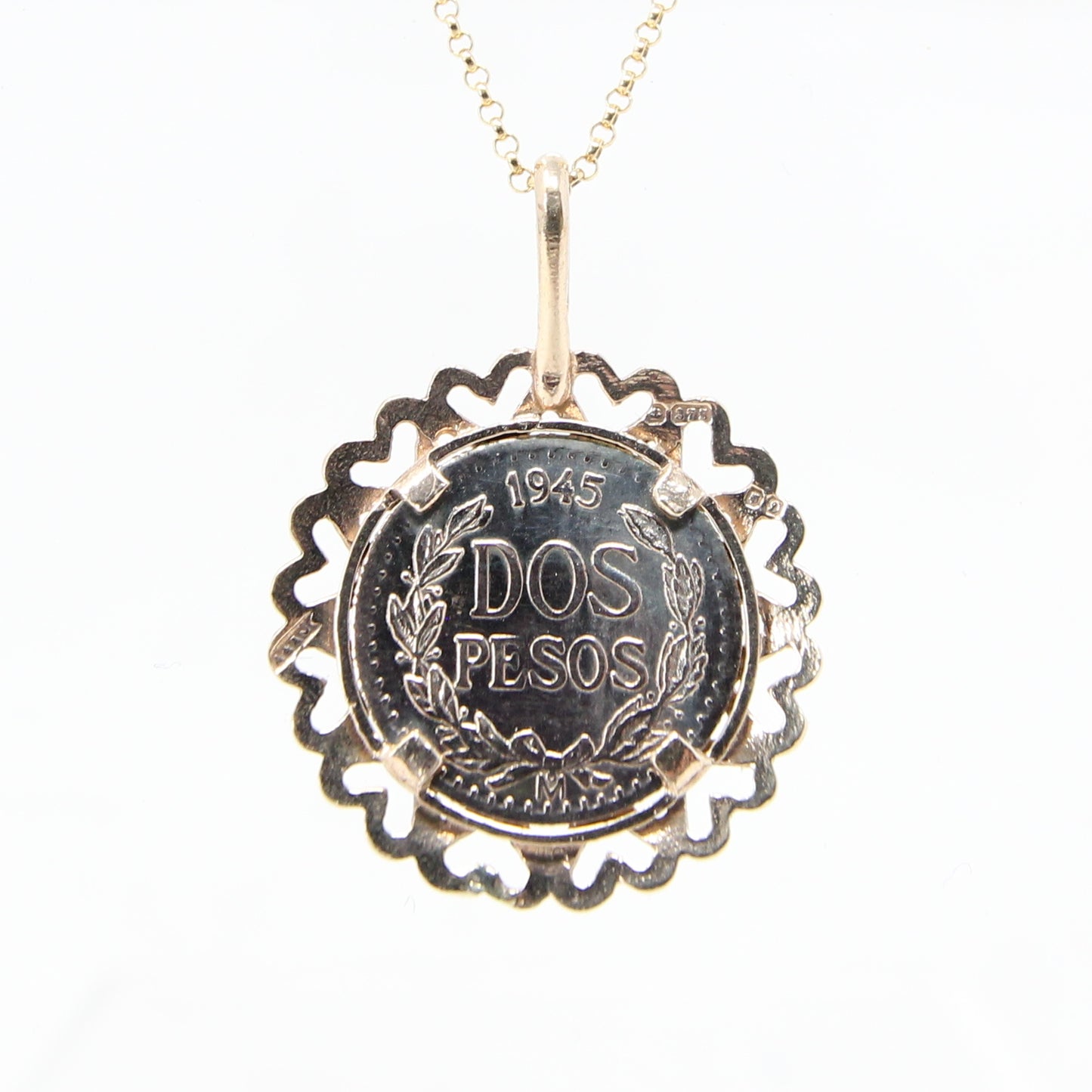 Vintage 1978 English Hallmarked Solid 9ct Gold 1945 Dos Pesos Coin Medallion Pendant