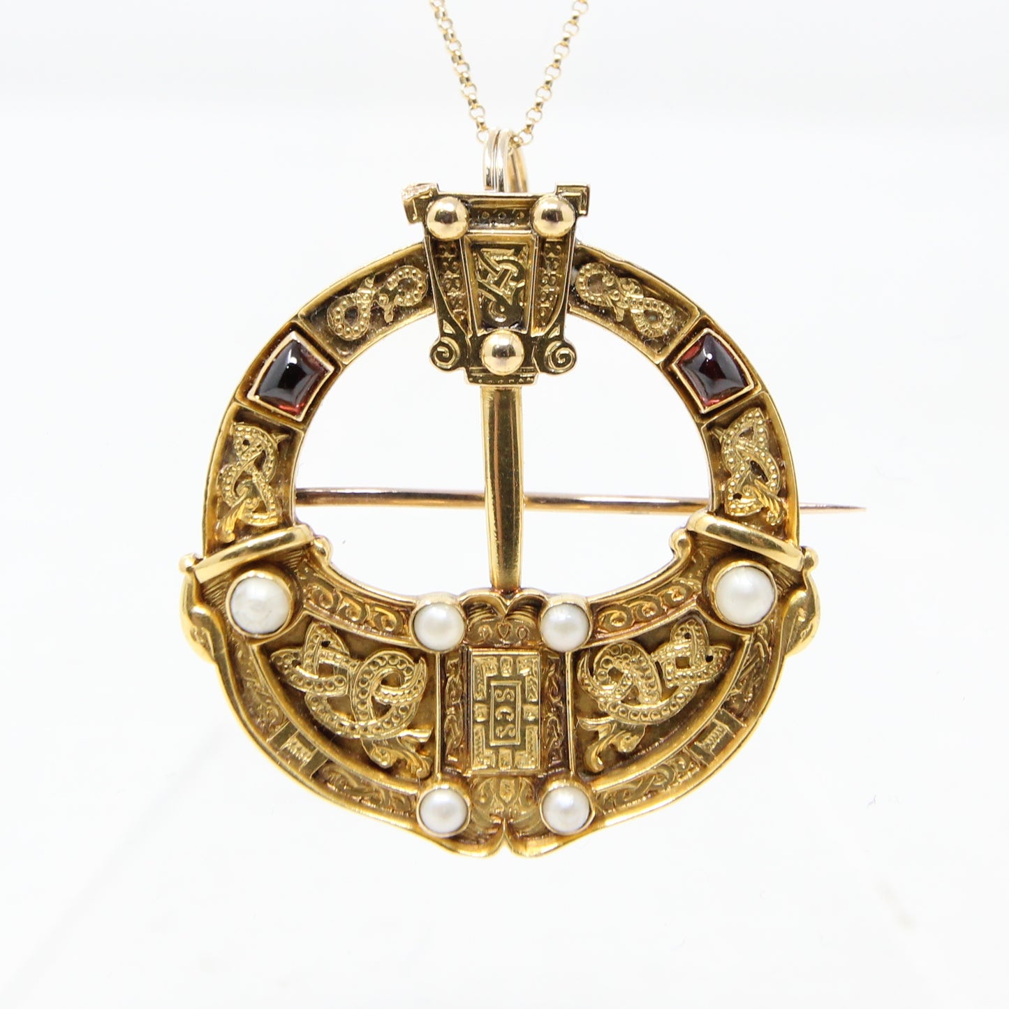 Antique Victorian Solid 22ct 22k Gold Garnet Seed Pearl Celtic Irish Tara Brooch Pendant