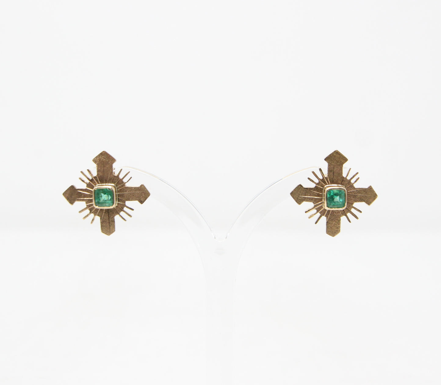 Vintage Hallmarked Solid 18ct 18k Gold 750 0.6 Ct Emerald Cross Star Burst Stud Earrings