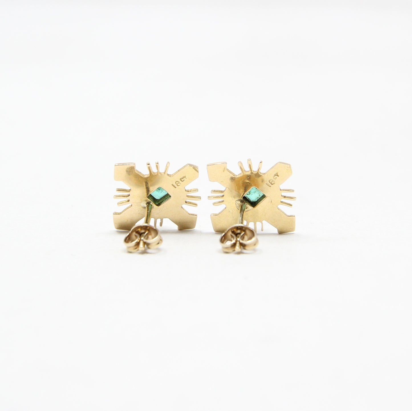 Vintage Hallmarked Solid 18ct 18k Gold 750 0.6 Ct Emerald Cross Star Burst Stud Earrings