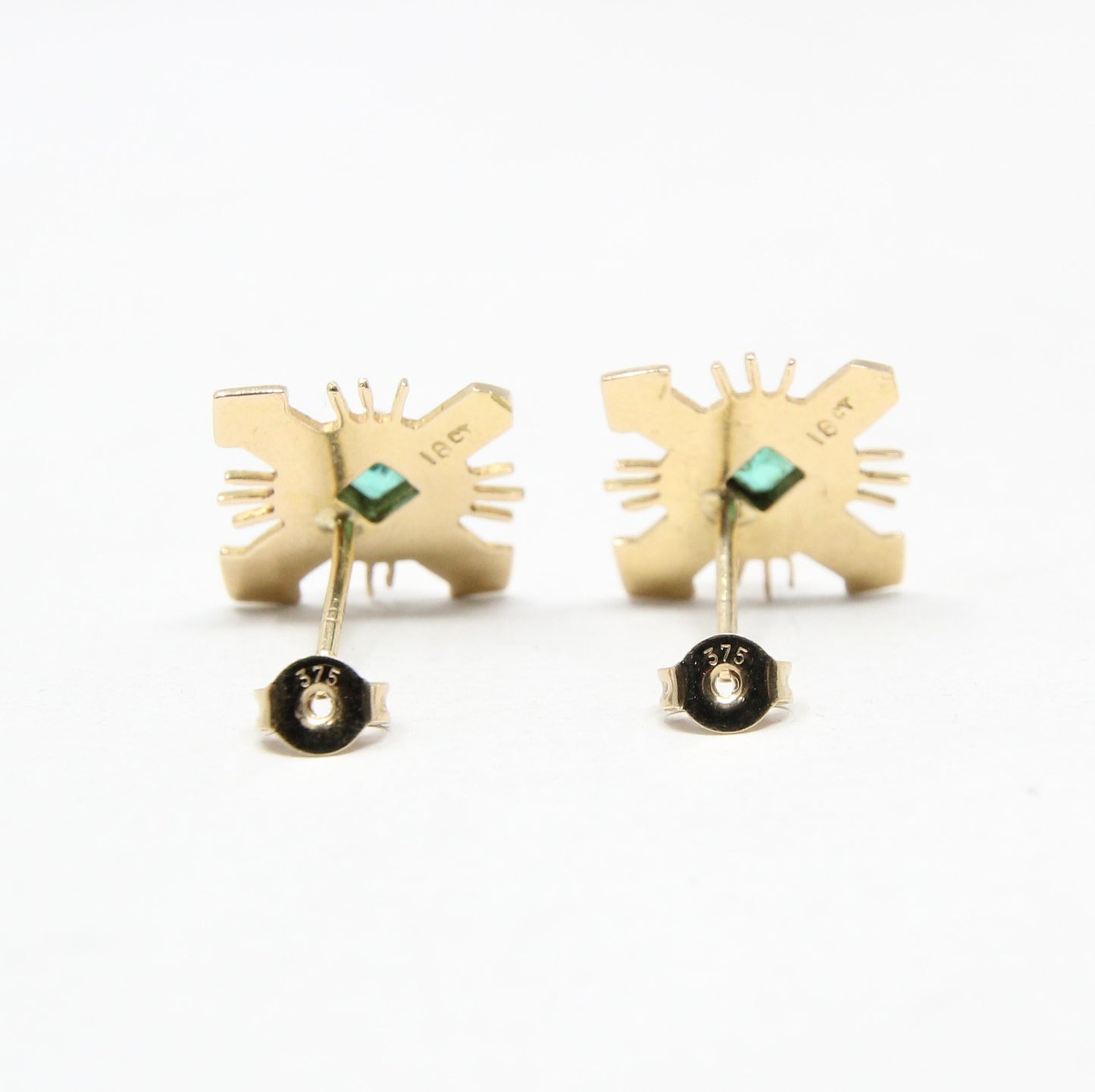 Vintage Hallmarked Solid 18ct 18k Gold 750 0.6 Ct Emerald Cross Star Burst Stud Earrings