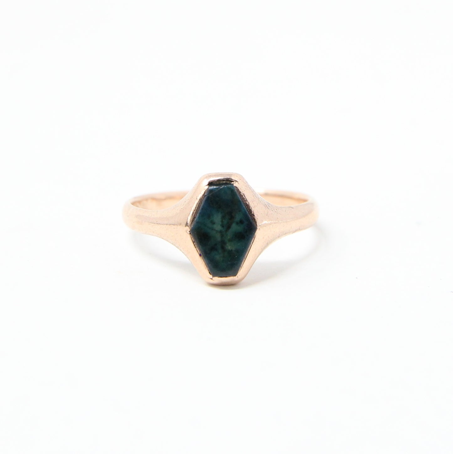 Antique Hallmarked Solid 9ct 9k Rose Gold Green Hardstone Signet Ring Size N