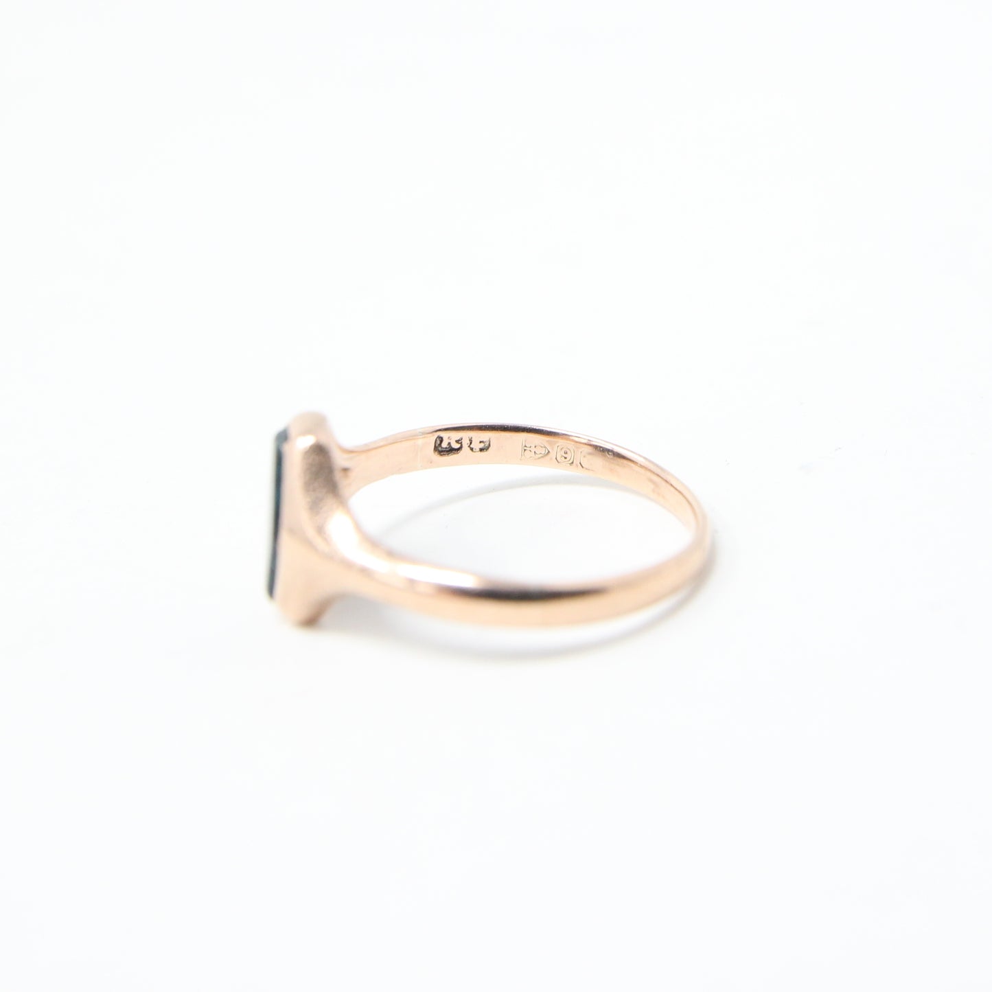 Antique Hallmarked Solid 9ct 9k Rose Gold Green Hardstone Signet Ring Size N