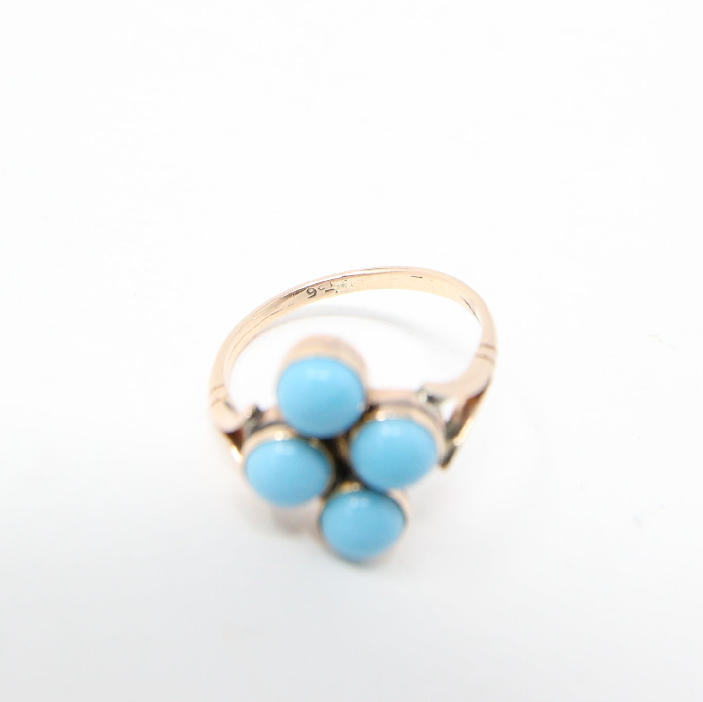 Antique English Hallmarked Solid 9ct 9k Gold Turquoise Four Stone Ring Size M 1/2